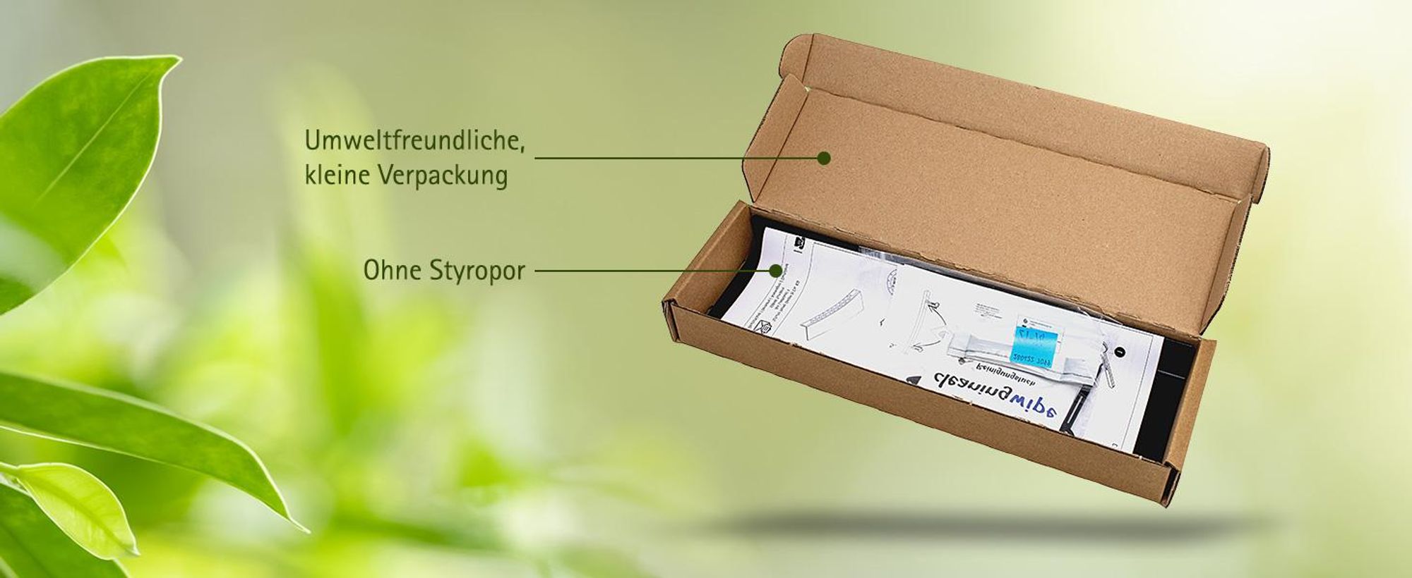 Geöffnete umweltfreundliche Verpackung mit Montageanleitung und Zubehör,ohne Styropor platzsparend.
