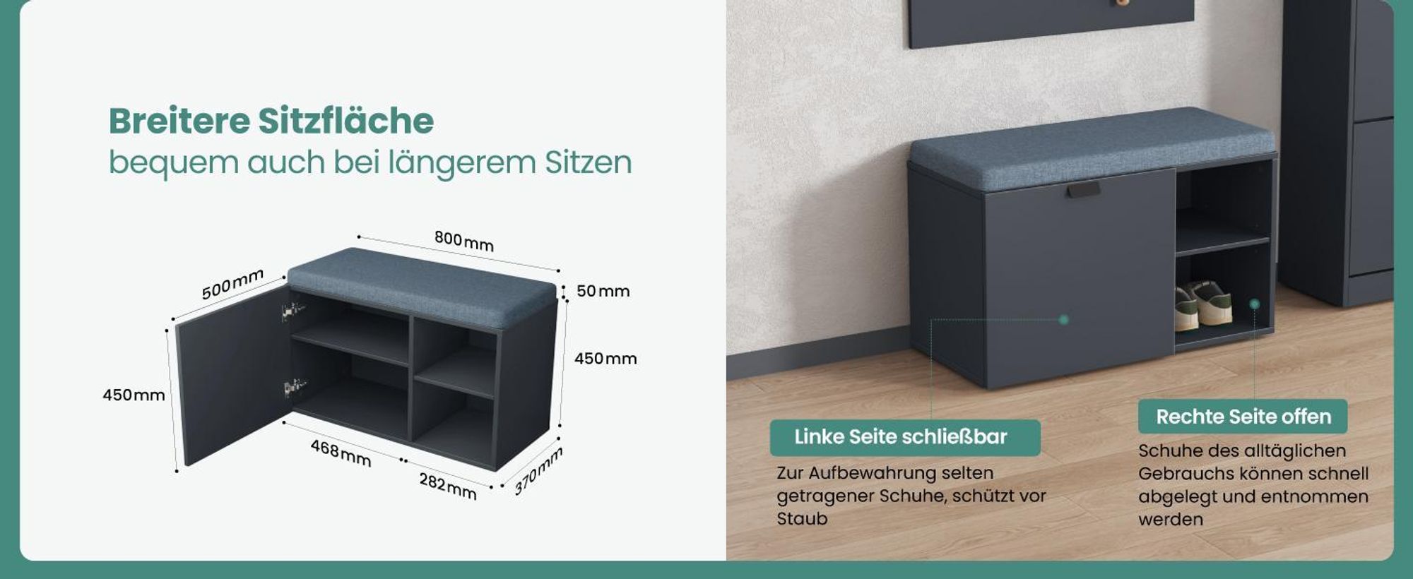 Mai & Mai Schuhbank mit Sitzfläche, Schuhregal mit Schiebetüren und offenen Fächern, gepolsterter Sitz, verstellbare Ablagen Matt weiß Zitta-01