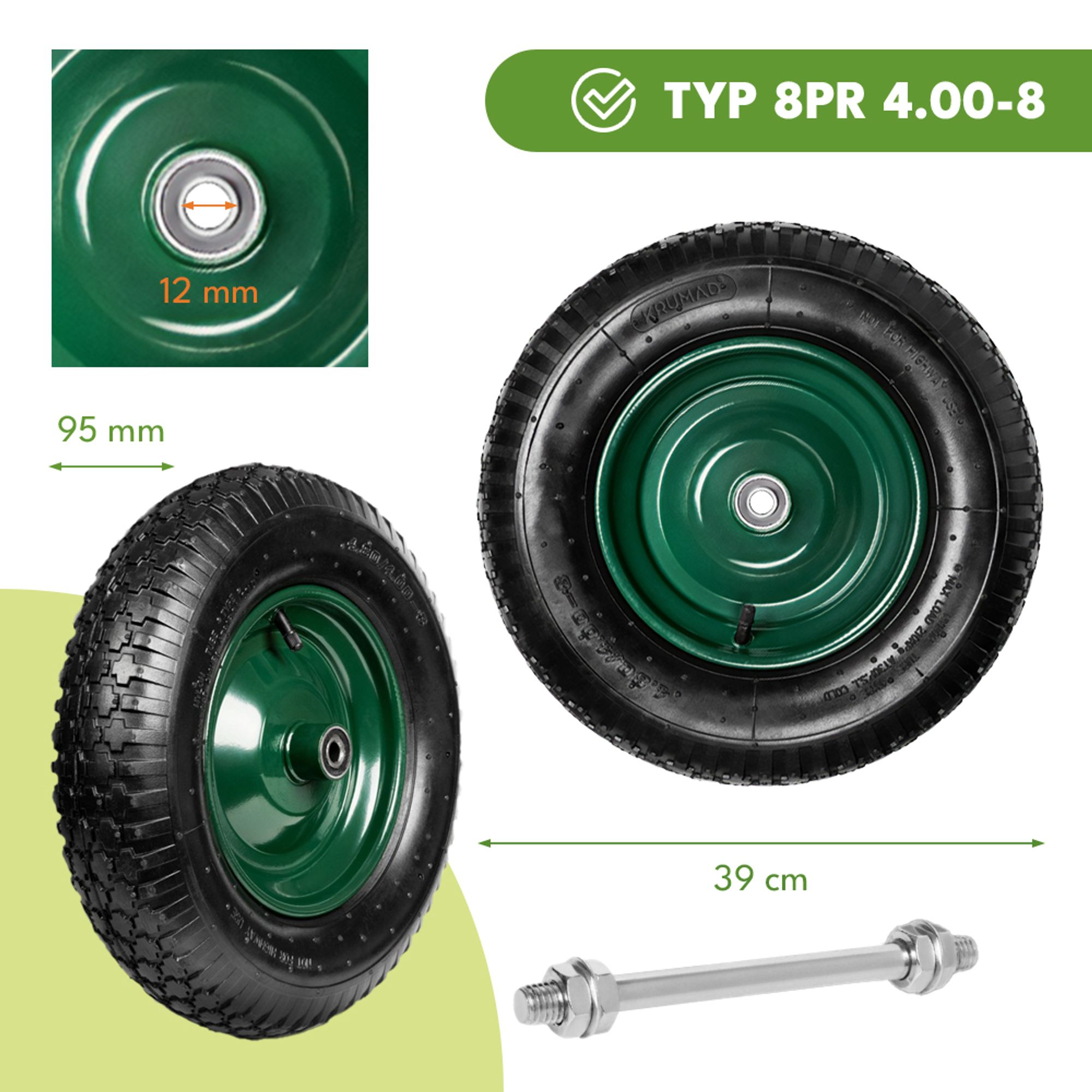KRUMAD Schubkarrenrad mit Achse 200 kg 4.80/4.00-8 39 cm Metall Ersatzrad für Schubkarre Schubkarrenzubehör