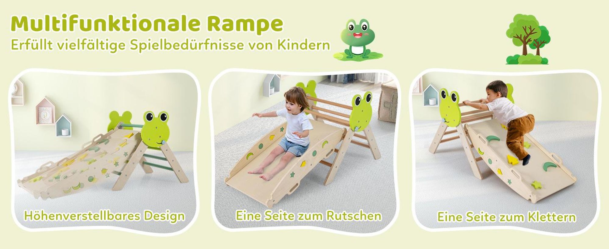 COSTWAY Klettergerüst Indoor 3er Set, klappabres Kletterdreieck mit Rutsche, Kletterbogen, doppelseitige Rampe, Baustein Set&2 Autos, für Kinder 1+