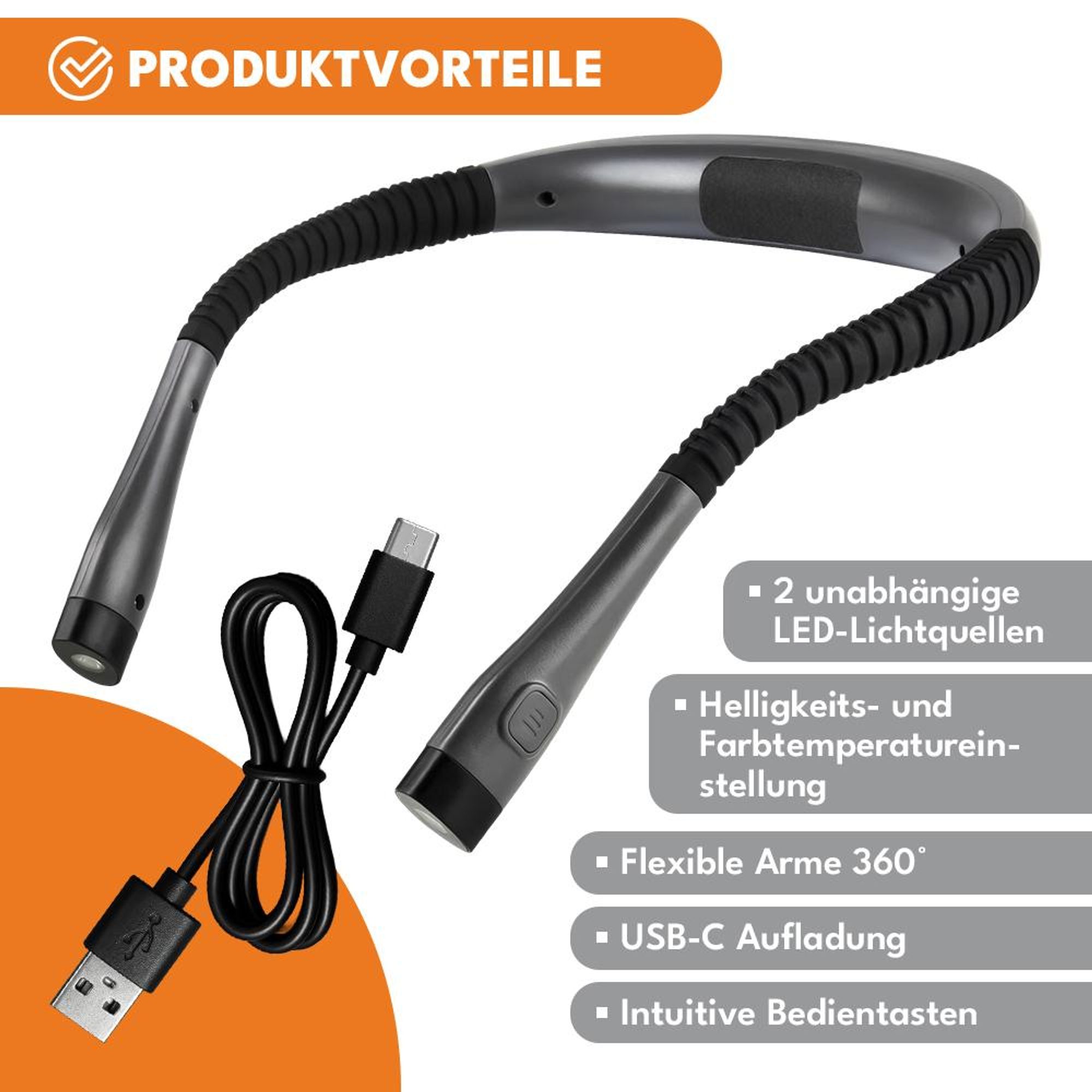 KRUMAD LED Leselampe Hals, Wiederaufladbare Nackenlampe mit 3 Lichtmodi, Flexibel & Augenschonend, Buchlampe für Bett, Lesen & Reisen