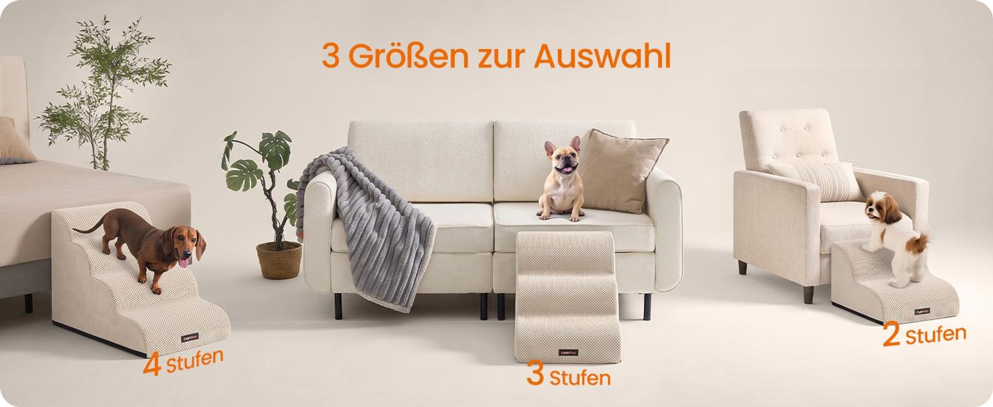 FEANDREA Hundetreppe für Kleine Hunde 2 Stufen Schaumstoff Hunderampe Rutschfest 40 x 40 x 30 cm Cremeweiß