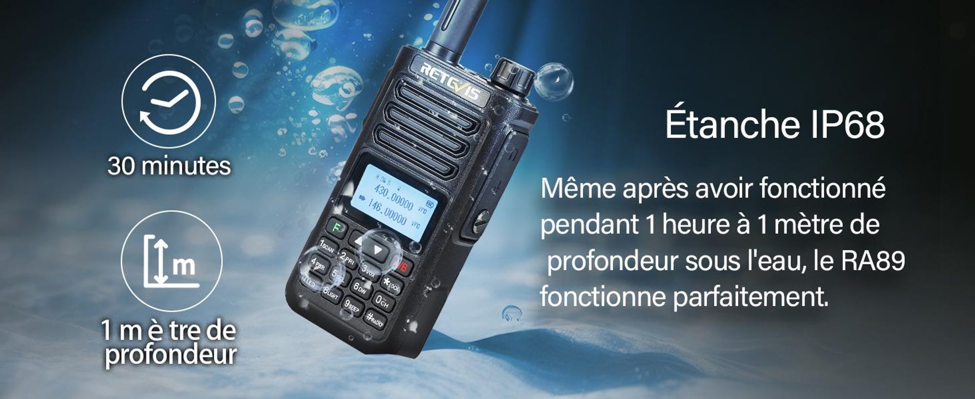 Retevis RA89 radio amateur, haute performance, IP68 étanche, bi-bande, VFO, batterie 2500 mAh, talkie-walkie rechargeable type C(2 pièces, noir)