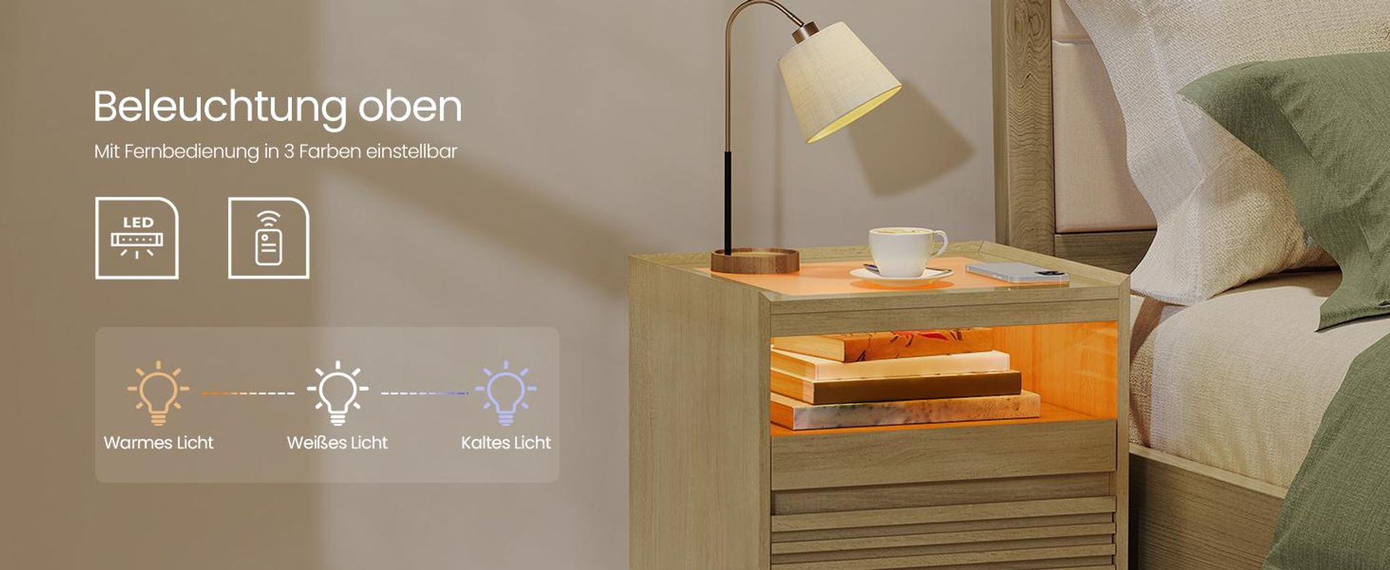 VASAGLE Nachttisch mit LED-Beleuchtung, obere Beleuchtung in 3 Farben einstellbar, untere mit Bewegungssensor