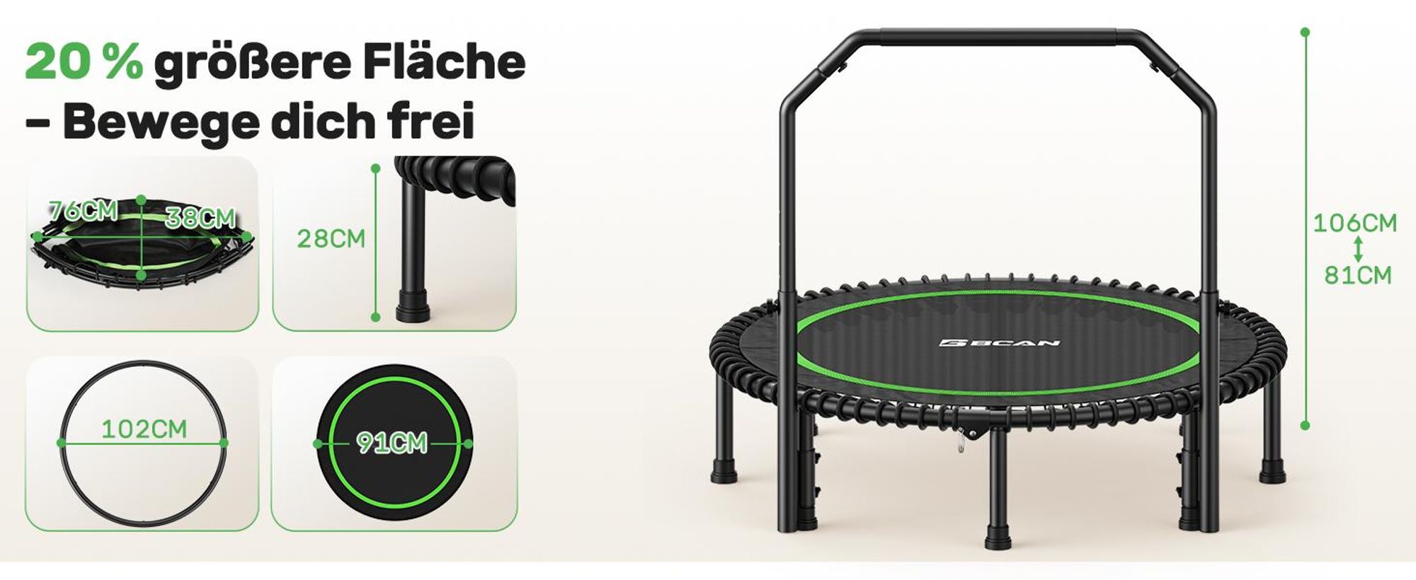 BCAN Fitnesstrampolin Rebounder für Erwachsene, Ø 102 cm / 122 cm, belastbar bis 204 kg / 250 kg