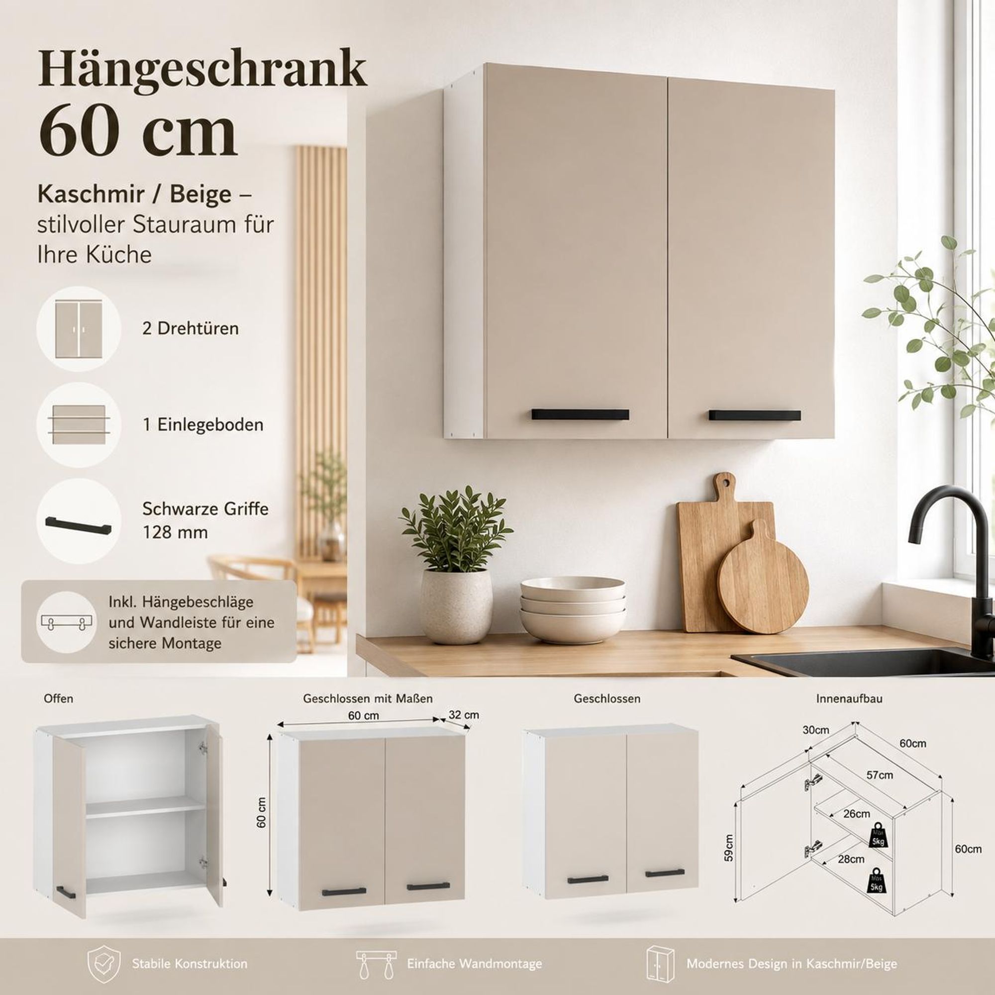 Hängeschrank 60 cm Kaschmir / Beige: Moderner Küchenschrank, weißer Korpus, schwarze Griffe.
