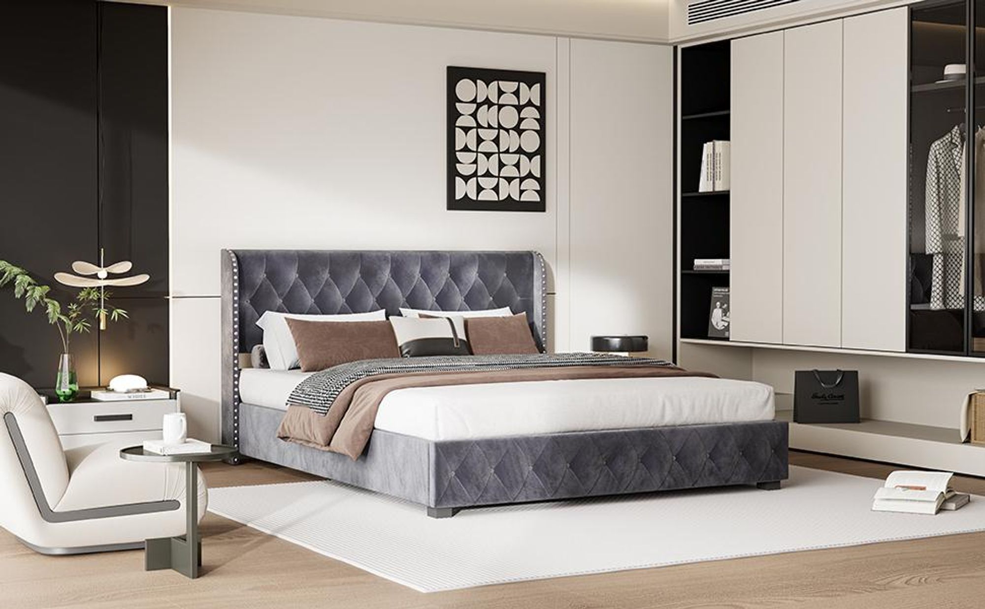 Letto imbottito Fortuna Lai 140x200cm con rete a doghe, letto a molle idrauliche con rete e contenitore, letto matrimoniale in velluto con contenitore letto funzionale, grigio scuro