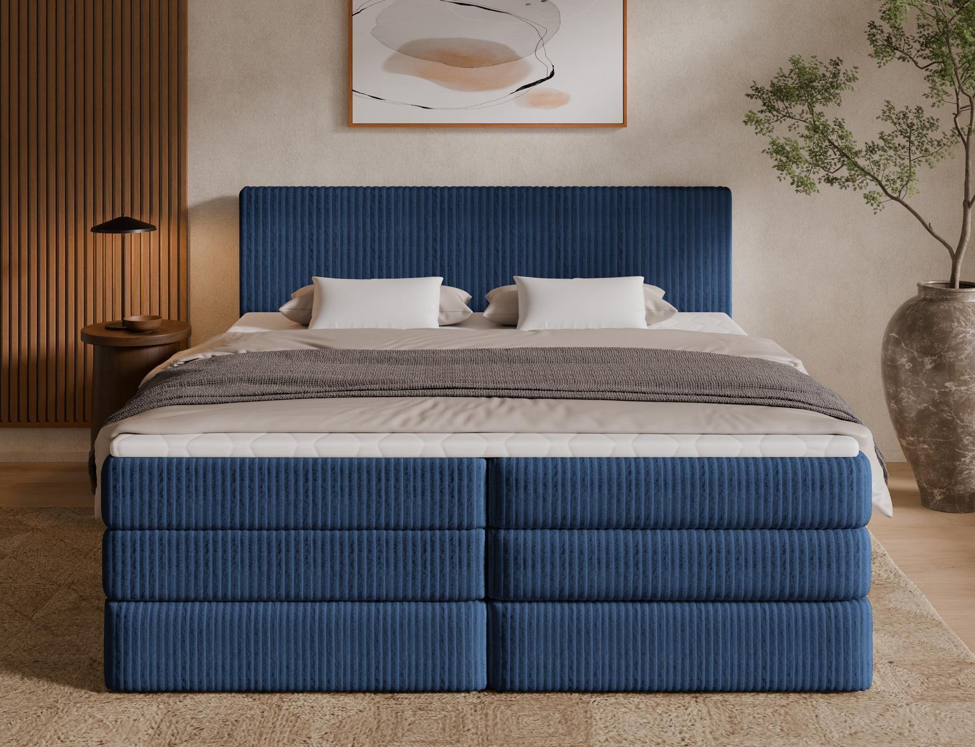 Boxspringbett Tilia DUO in Blau mit Bettkasten und hohem Kopfteil