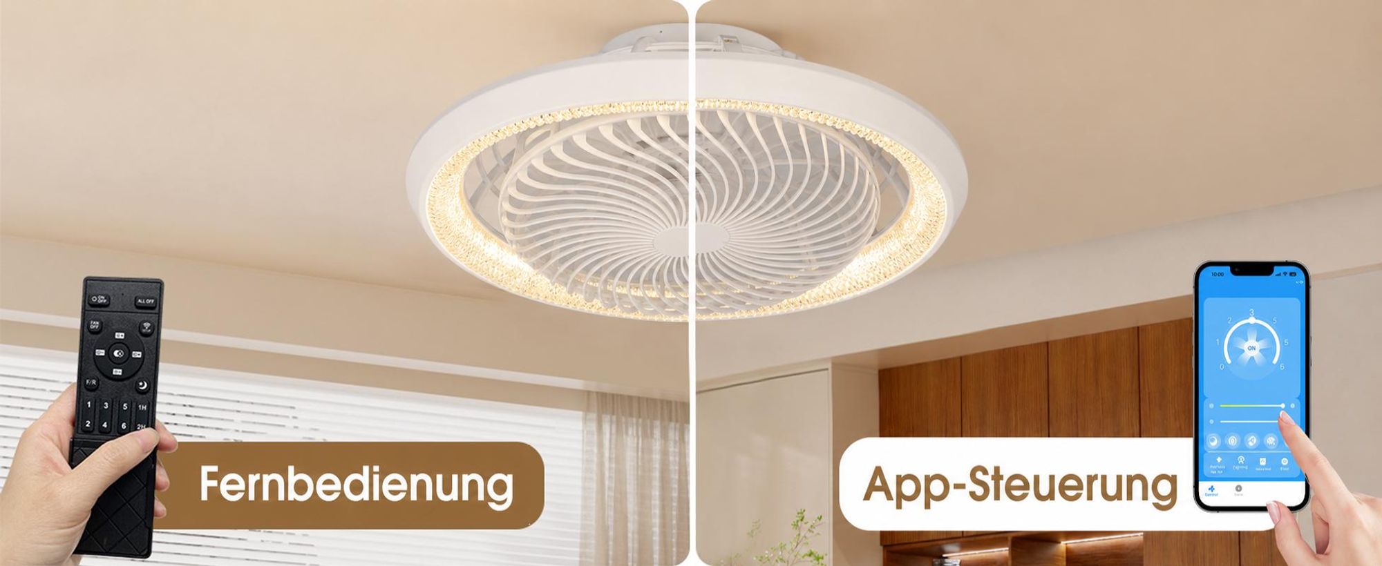 Deckenventilator mit Beleuchtung und Fernbedienung 360° Drehung 3000K-6500K Dimmbar 6 Stufen LED Deckenleuchte mit Ventilator App Steuerung