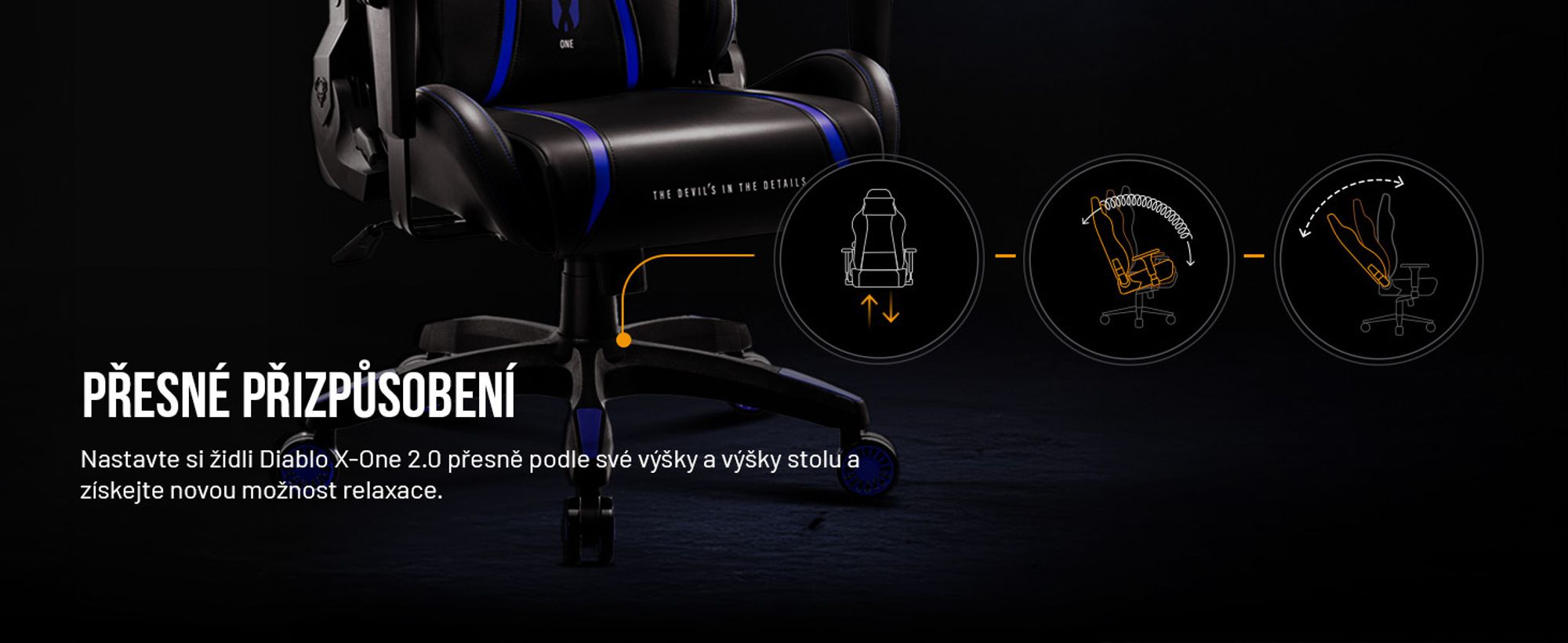 Herní židle Diablo X-One 2.0 Kancelářská židle Nastavitelné područky Ergonomický design Krční/bederní polštář, Barva: Černá-Modrá, Velikost Normal