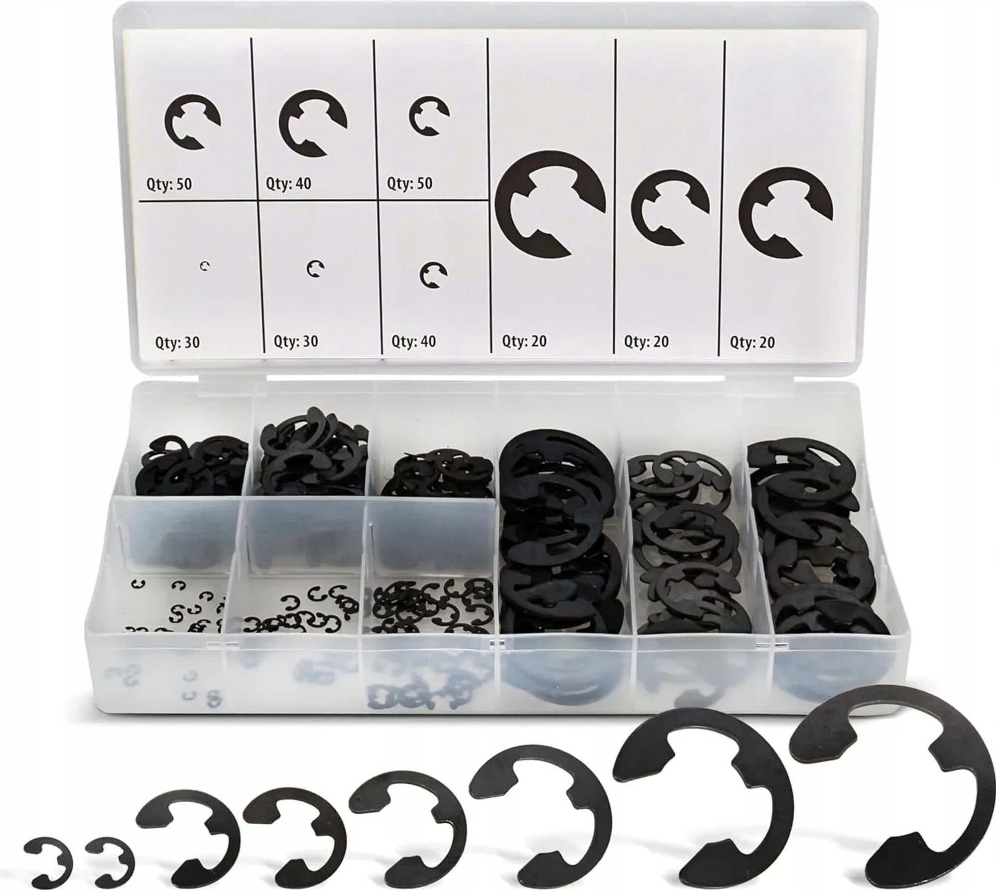 ASTA | E-clip Sprengringe Set, 300tlg, 9 Größen, Sicherungsringe Sortiment Set, für Befestigen Lagern, Zahnrädern, Riemenscheiben