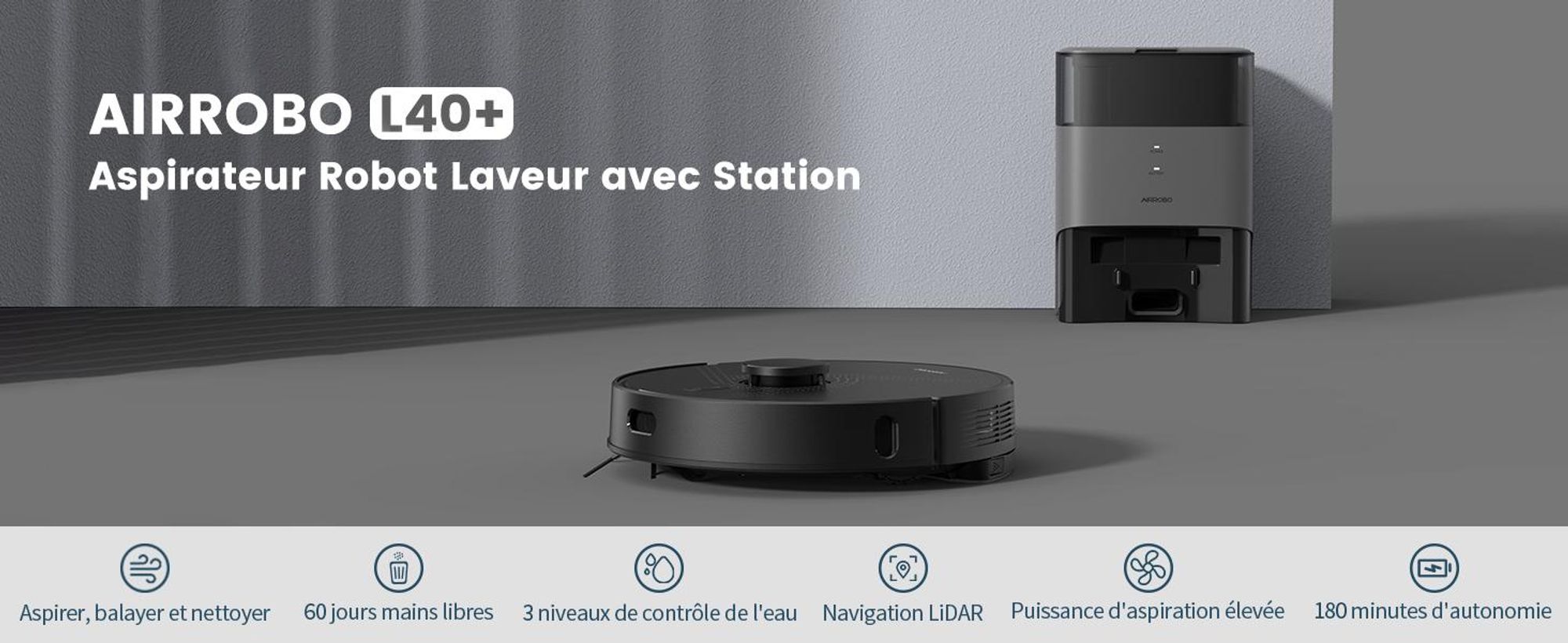 AIRROBO L40+ Robot aspirateur et balayeur avec station d'aspiration, auto-vidangeable, capacité de 60 jours, cartographie à domicile, WLAN/App/Alexa/télécommande