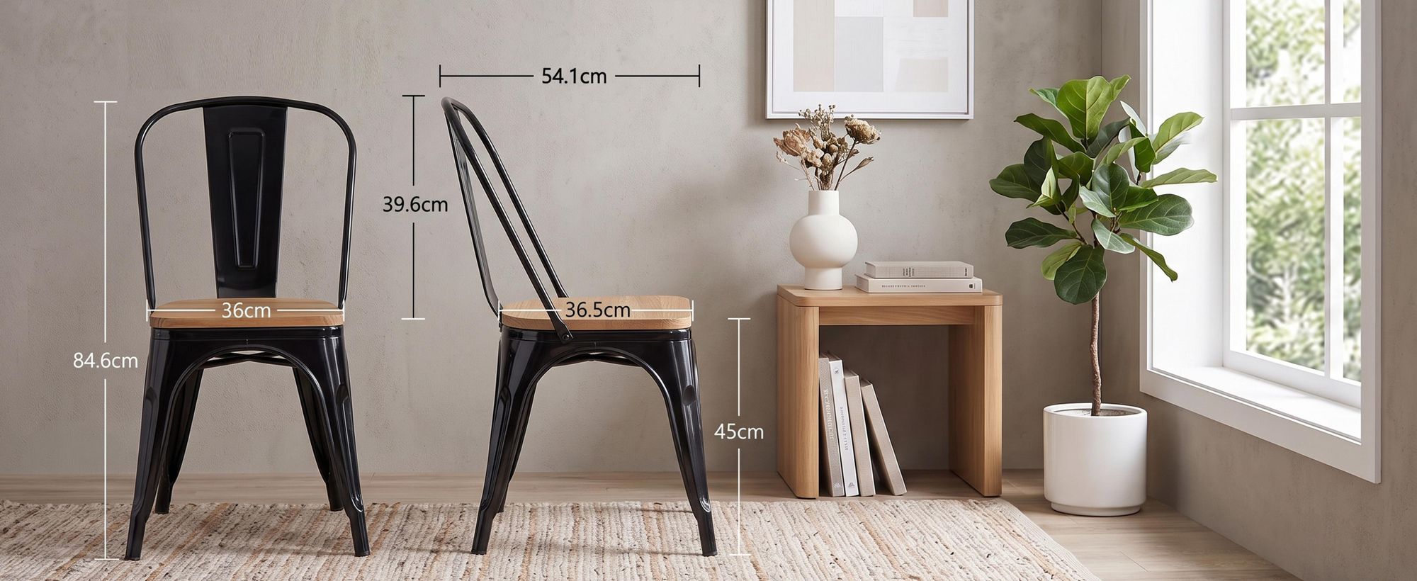 4x sedia da cucina sedia da pranzo in METALLO seduta in legno impilabile, colore:nero+legno naturale , materiale:metallo
