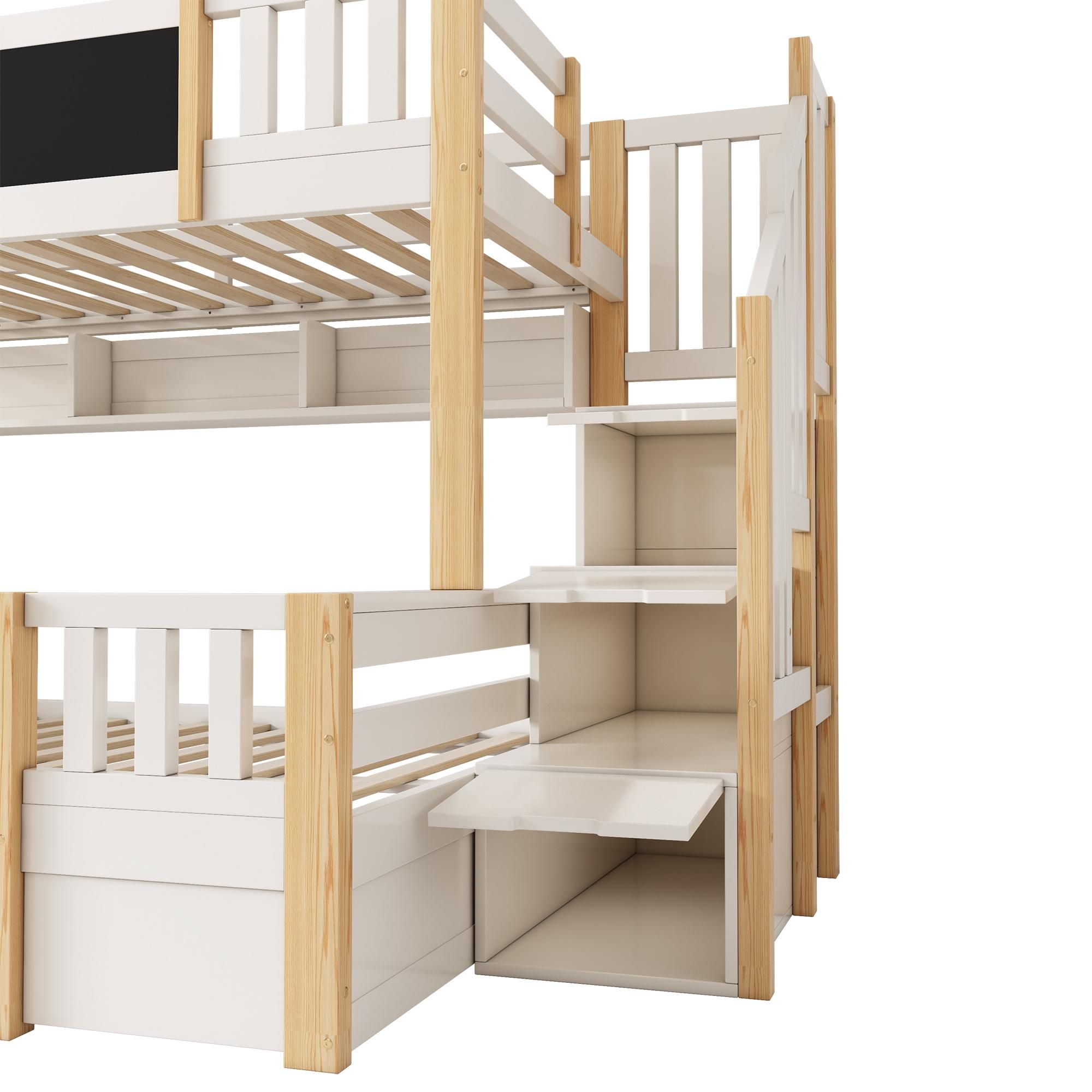Flieks Etagenbett 90x200cm/140x200cm, Kinderbett Hausbett mit Kreidetafel, Hochbett mit Treppe und Schubladen, Stockbett für 2 Kinder, Naturbelassen