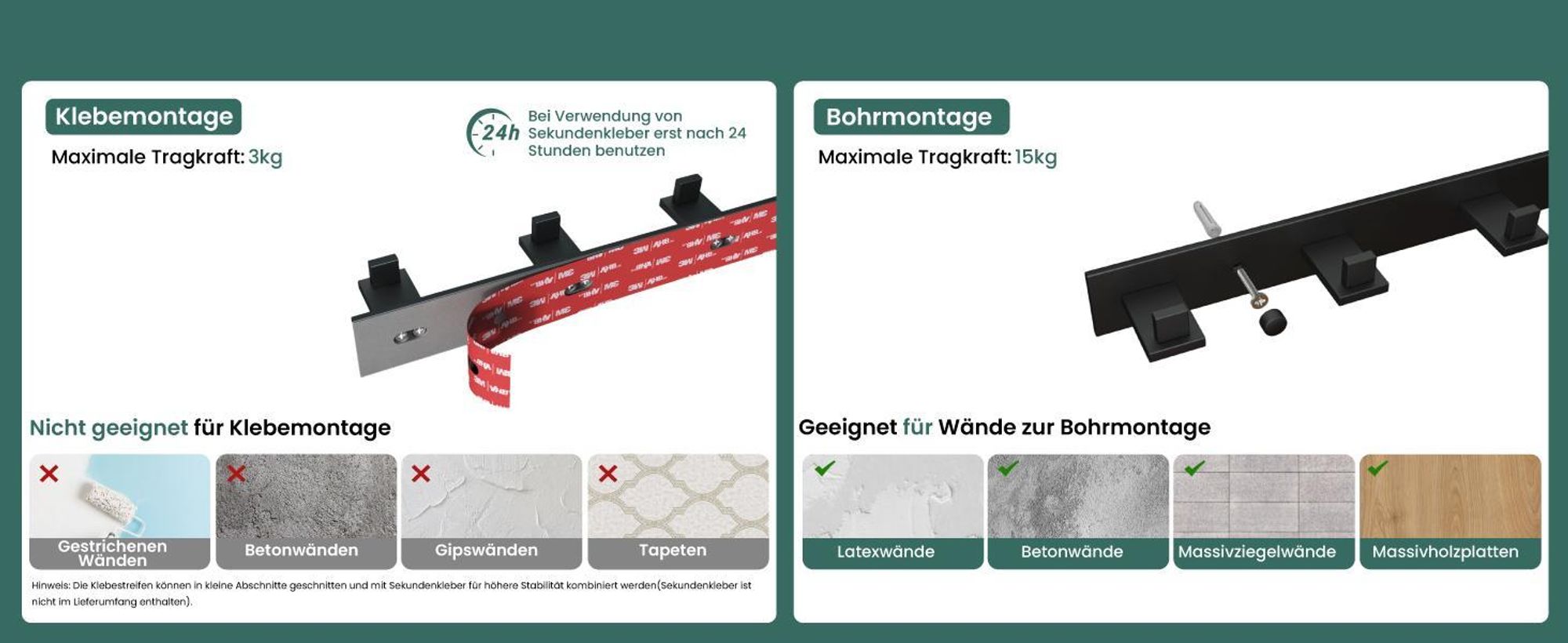Mai & Mai Kleiderhaken Wandgarderobe Wandhaken aus Edelstahl mit 5 Haken Garderobenleiste Garderobenhaken 46cm Matt weiß Stalo-07
