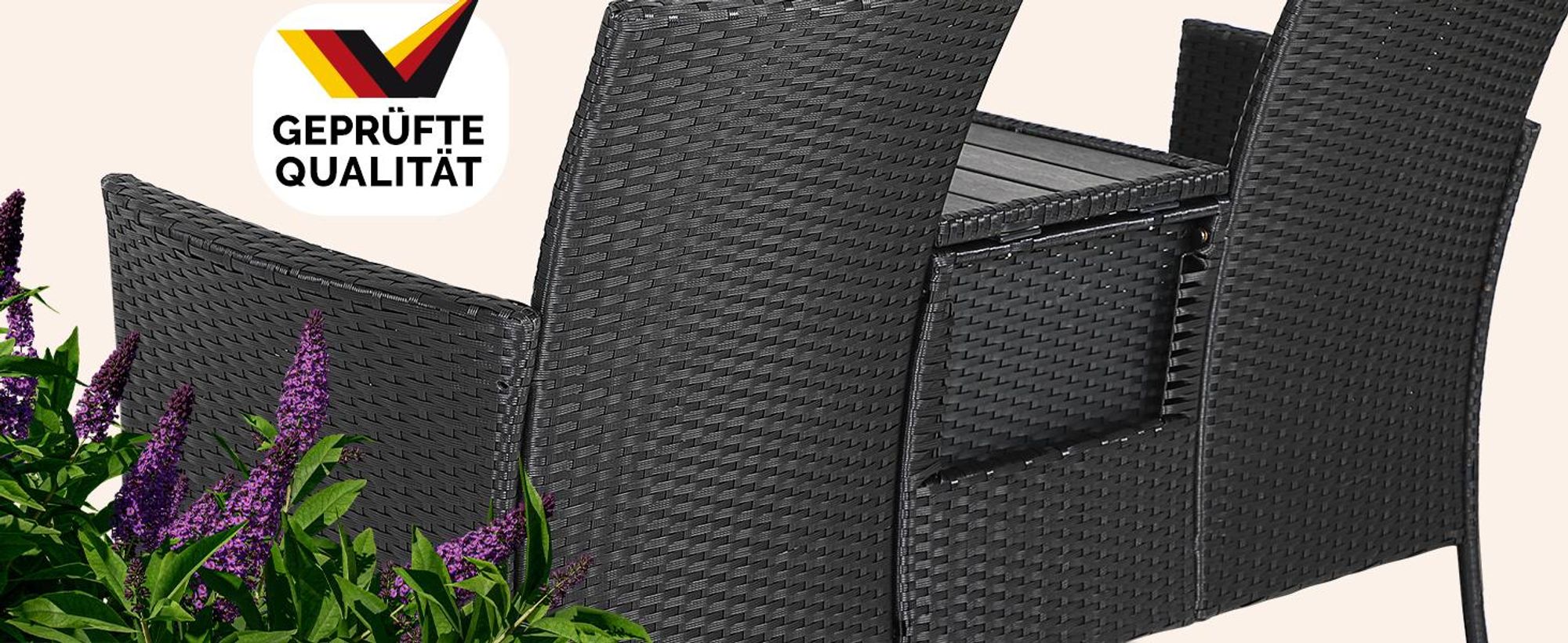 CASARIA® Gartenbank Sitzbank inkl. Auflagen Wetterfest Polyrattan 320kg Belastbar Tisch Ablage UV-beständig Garten Balkon Bank 2-Sitzer 143x64cm Schwarz