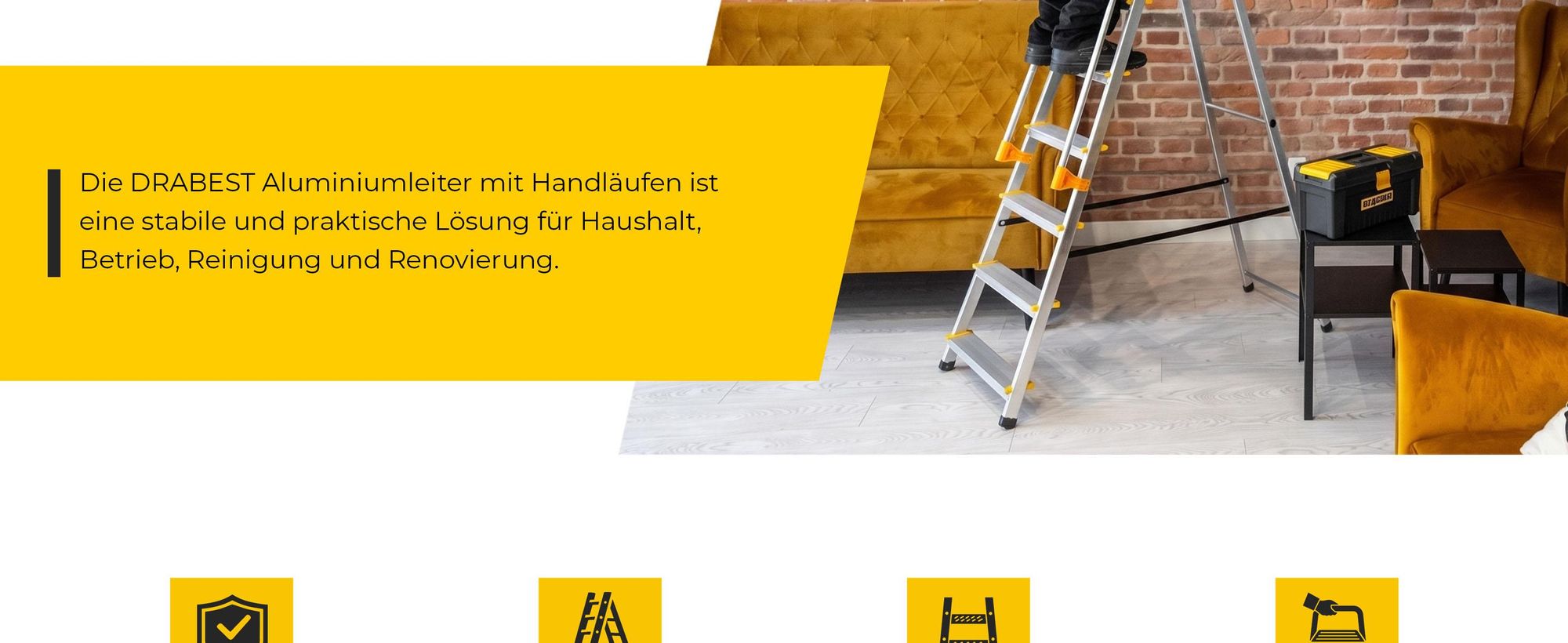 Drabest | Leiter - 7 Stufen, Tragfähigkeit 150kg - Leiter mit Handläufen, Alu Leiter, Anti-Rutsch-Füße, Trittleiter, Klappleiter