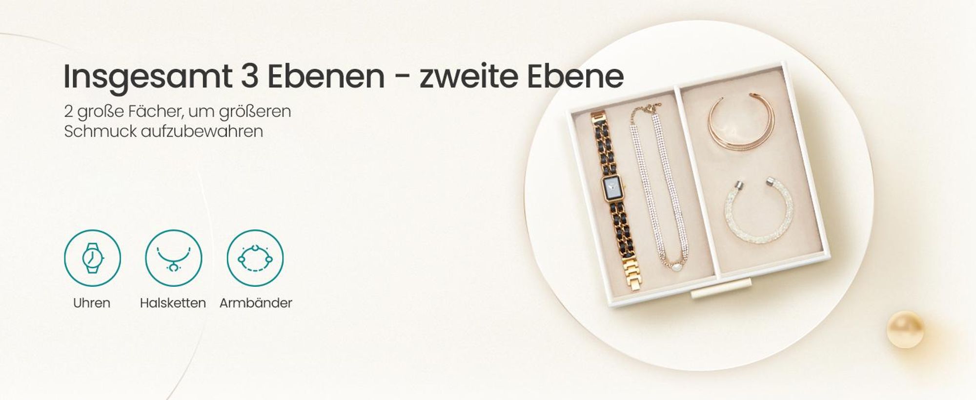 SONGMICS Schmuckkästchen, Schmuckkasten mit 3 Ebenen, Glasdeckel, 2 Schubladen