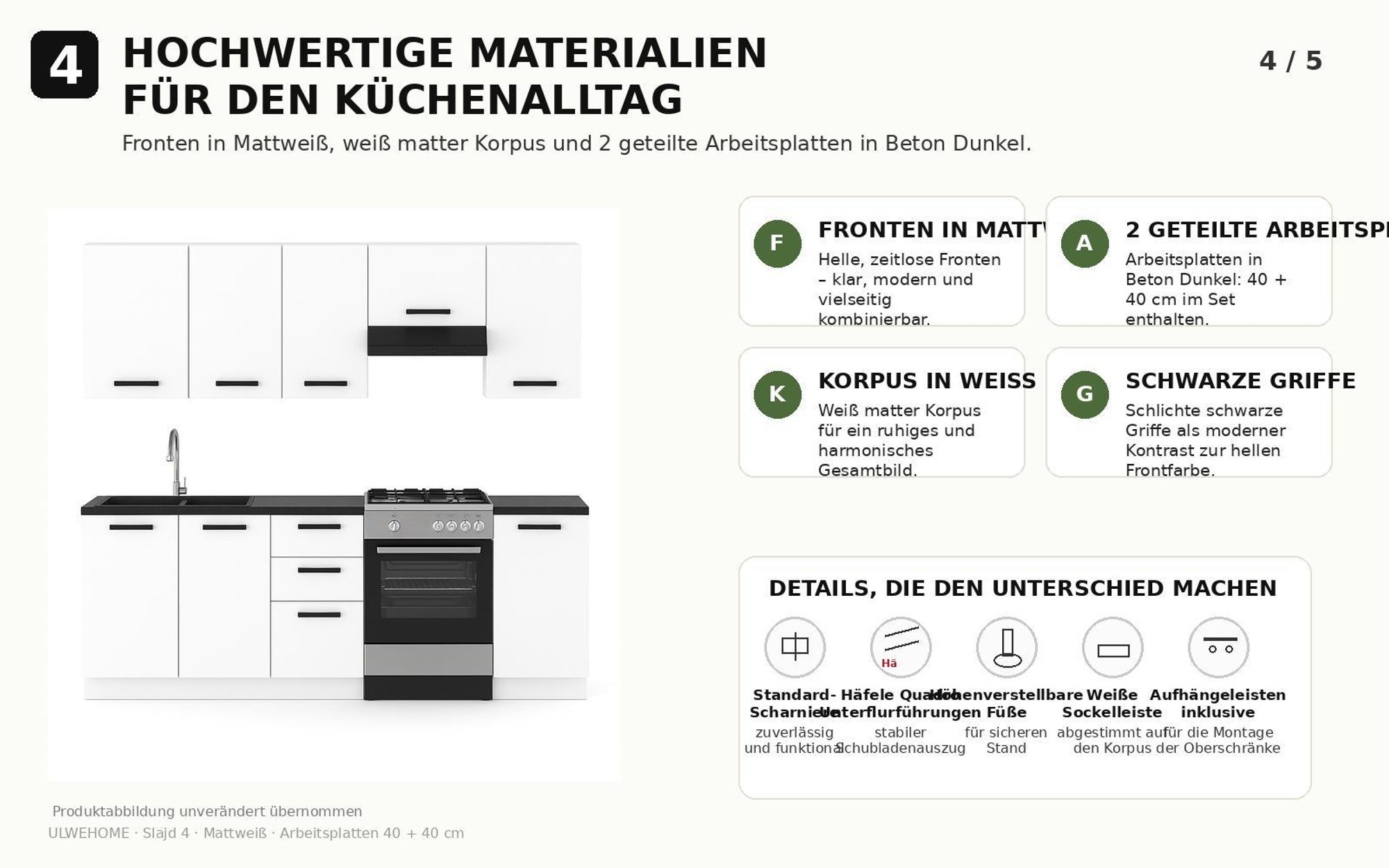 Materialdetails mit mattweißen Fronten, weißem Korpus und schwarzen Griffen.