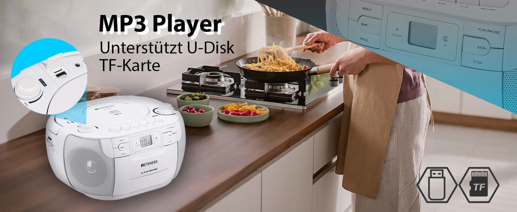 Retekess TR621 Tragbares CD Radio,Kassettenspieler CD,Stereo mit AM FM-Radio,Kassettenrekorder,Unterstützung von USB/TF/Kopfhörer, mit Fernbedienung