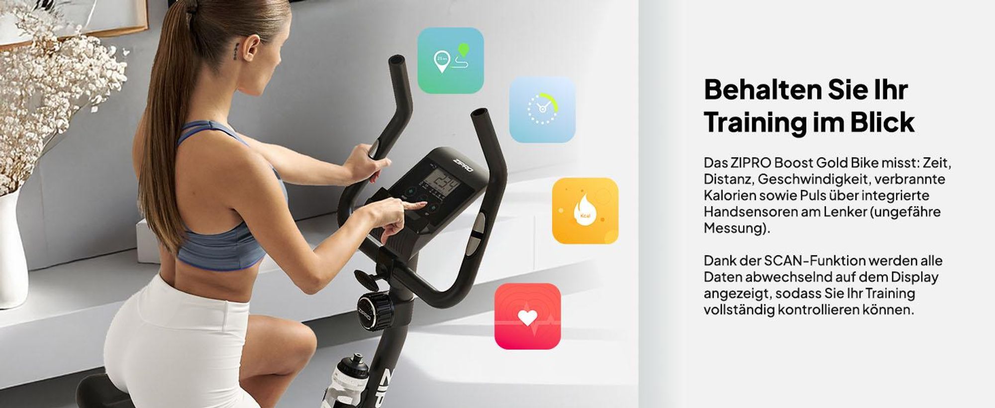 Zipro Heimtrainer Fahrrad Boost Gold – Magnetisches Fitnessbike bis 120kg Belastbar Leiser Hometrainer mit Pulsmessung, Flaschenhalter Handtuchhalter