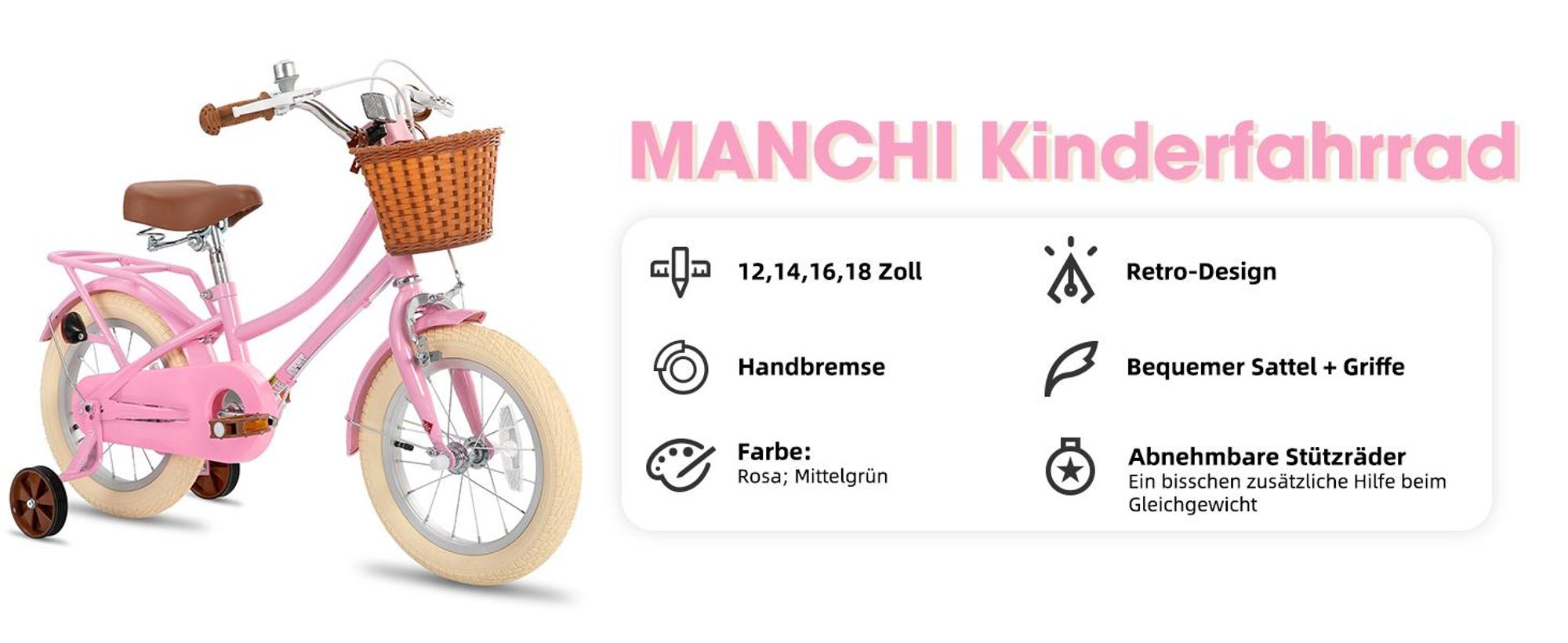 STITCH 12 & 14 & 16 & 18 Zoll Mädchenfahrrad mit Korb, Klingel, Stützrädern, Gepäckträger,   Kinderfahrrafür 2-9 Jahre alte Mädchen & Jungen, Rosa