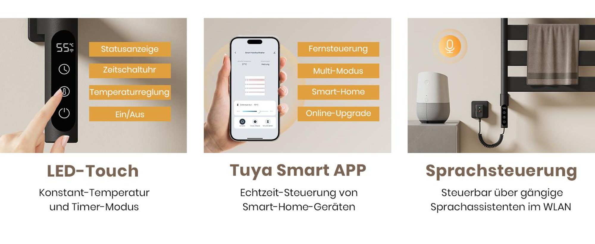 EMKE Elektrischer Badheizkörper mit drehbarem Handtuchhalter und Ablage Thermostat WiFi-App Sprachsteuerung Timer 76x45x14cm schwarz