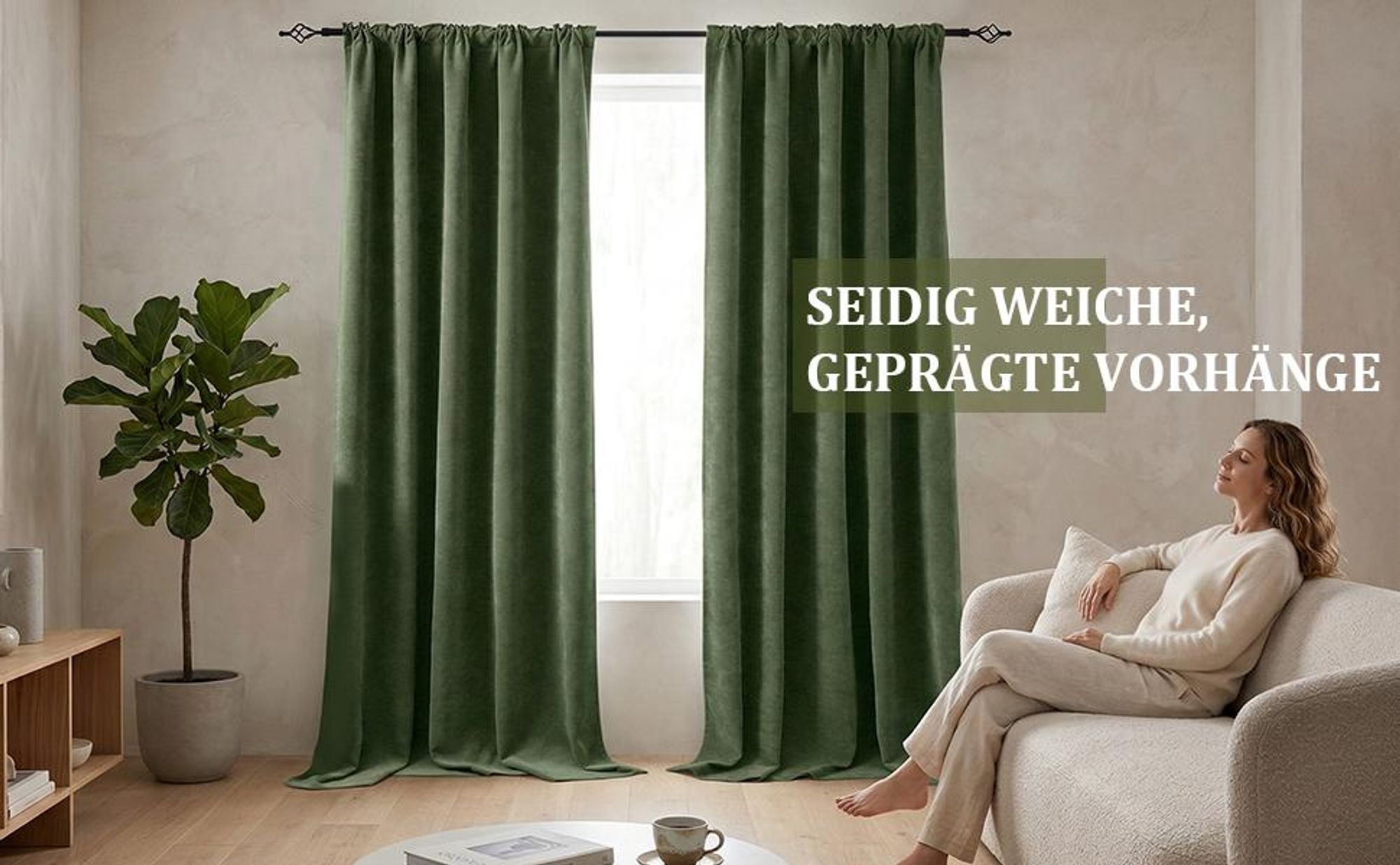 Chenille Vorhänge Grün 2er Set Blickdicht 98% - 510GSM Thermovorhang mit Multifunktionsband Kräuselband 132x214cm Verdunkelung Samtvorhänge für Wohnzimmer Schlafzimmer