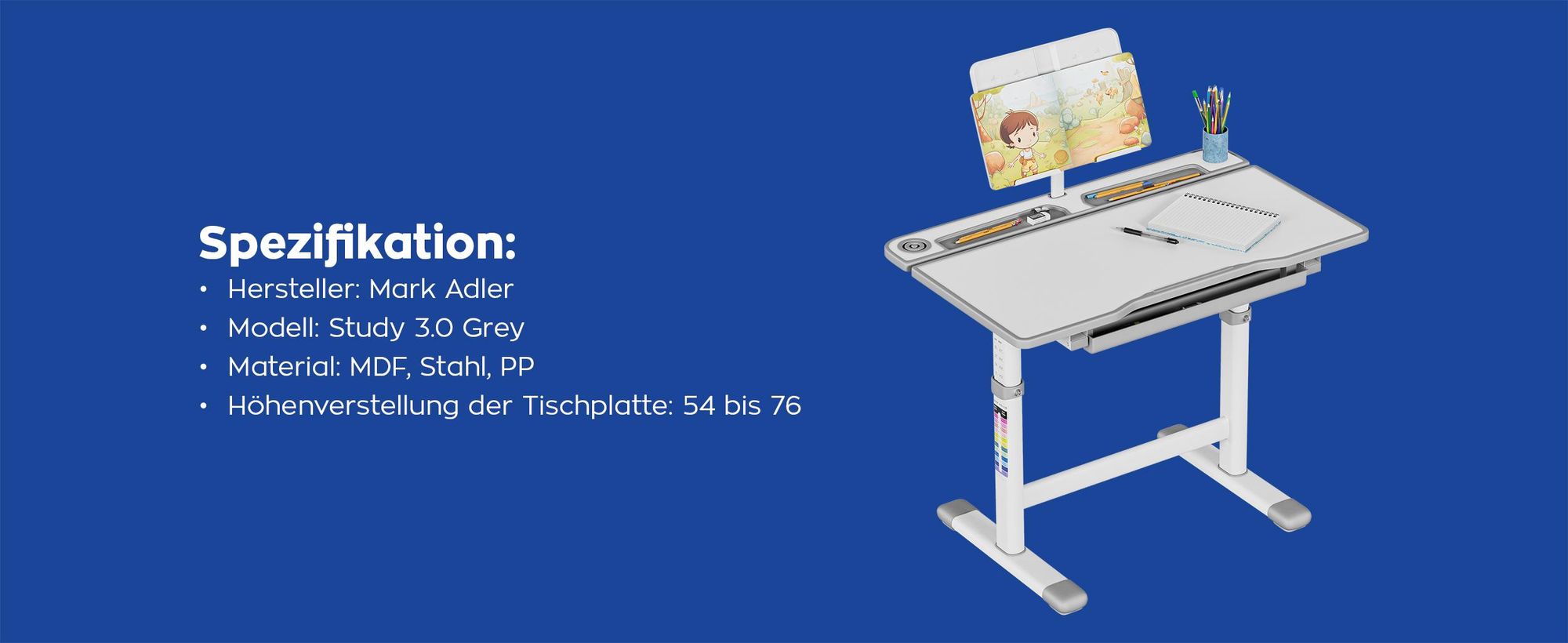 Ergonomischer Kinderschreibtisch Mark Adler 3.0 Grau, verstellbar 54-76cm