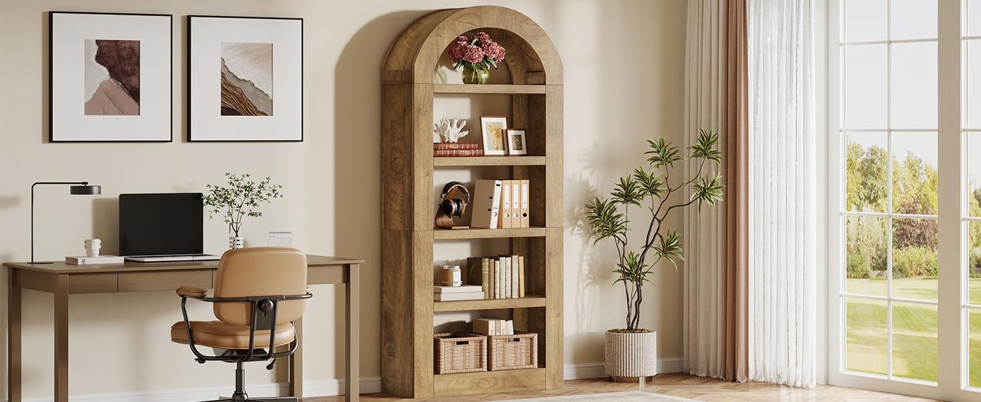Tribesigns 180 cm Bücherregale, gewölbt Standregale mit Stauraum, 5-stöckiges offenes Bücherregal aus Holz mit Ablageflächen, naturfarben