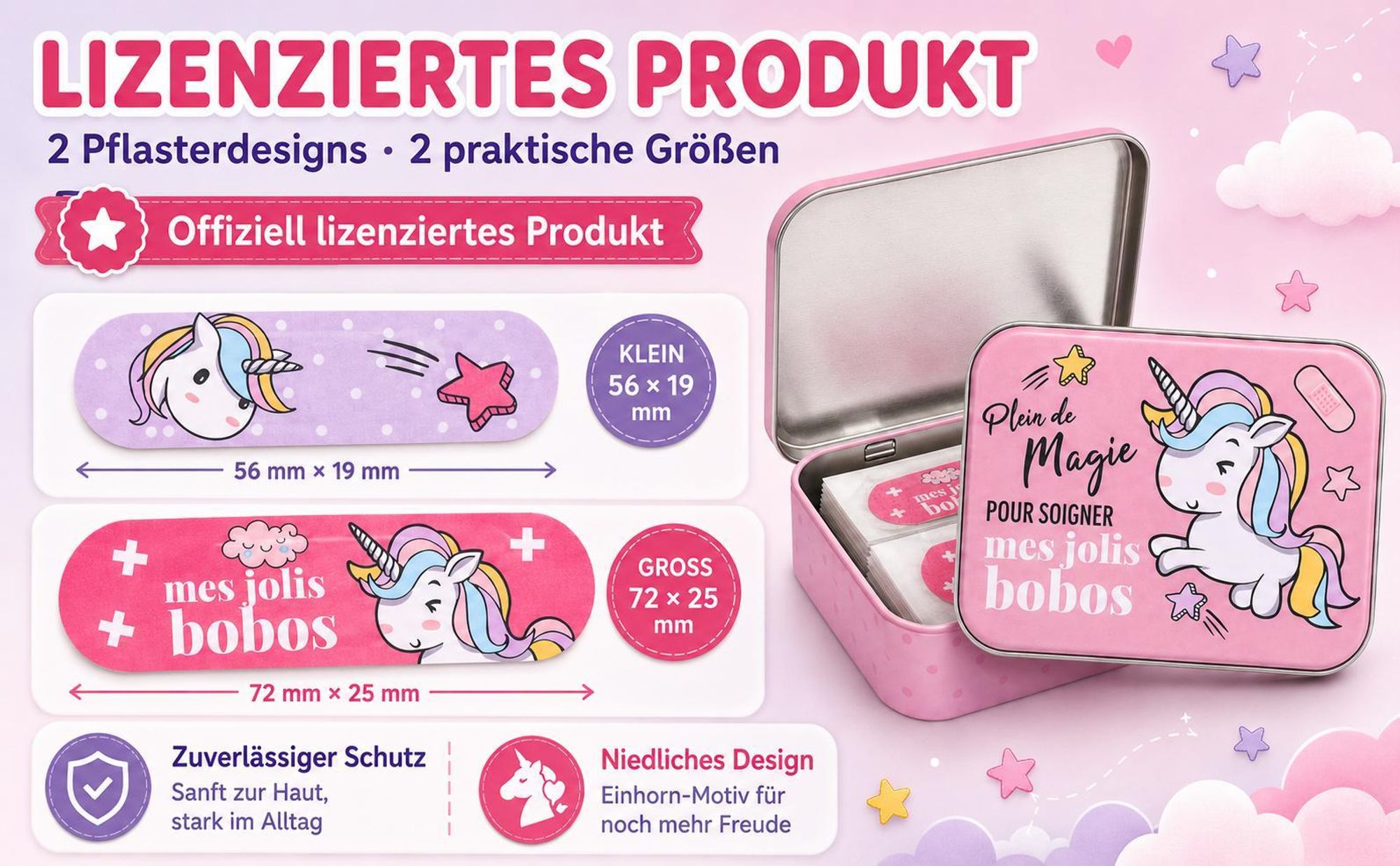 Unicorn Kinderpflaster Lizensiertes Produkt - Metall-Box - 24 Pflaster - Schönes Design Pflaster Aufbewahrungsbox für Kinder - 1 Box