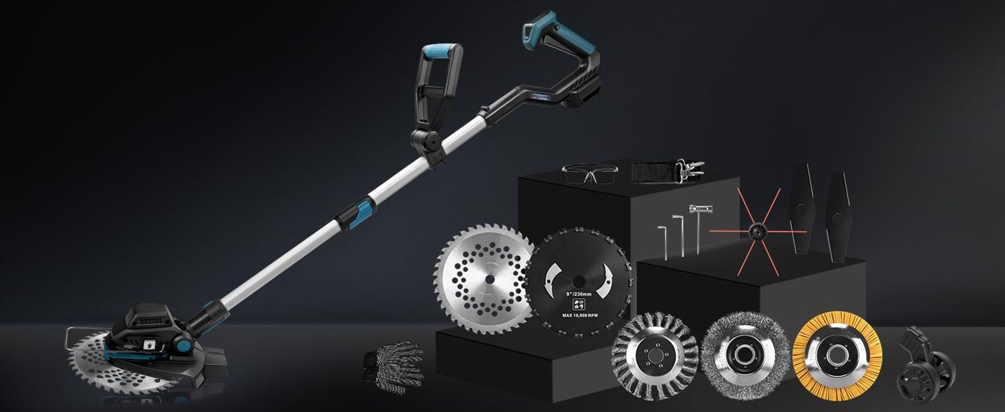1200W Akku Rasentrimmer, 16800U/min Freischneider mit Teleskop-Stiel Räder, Kompatibel mit Makita Akku, Bürstenlos Grastrimmer Motorsense für Rasen