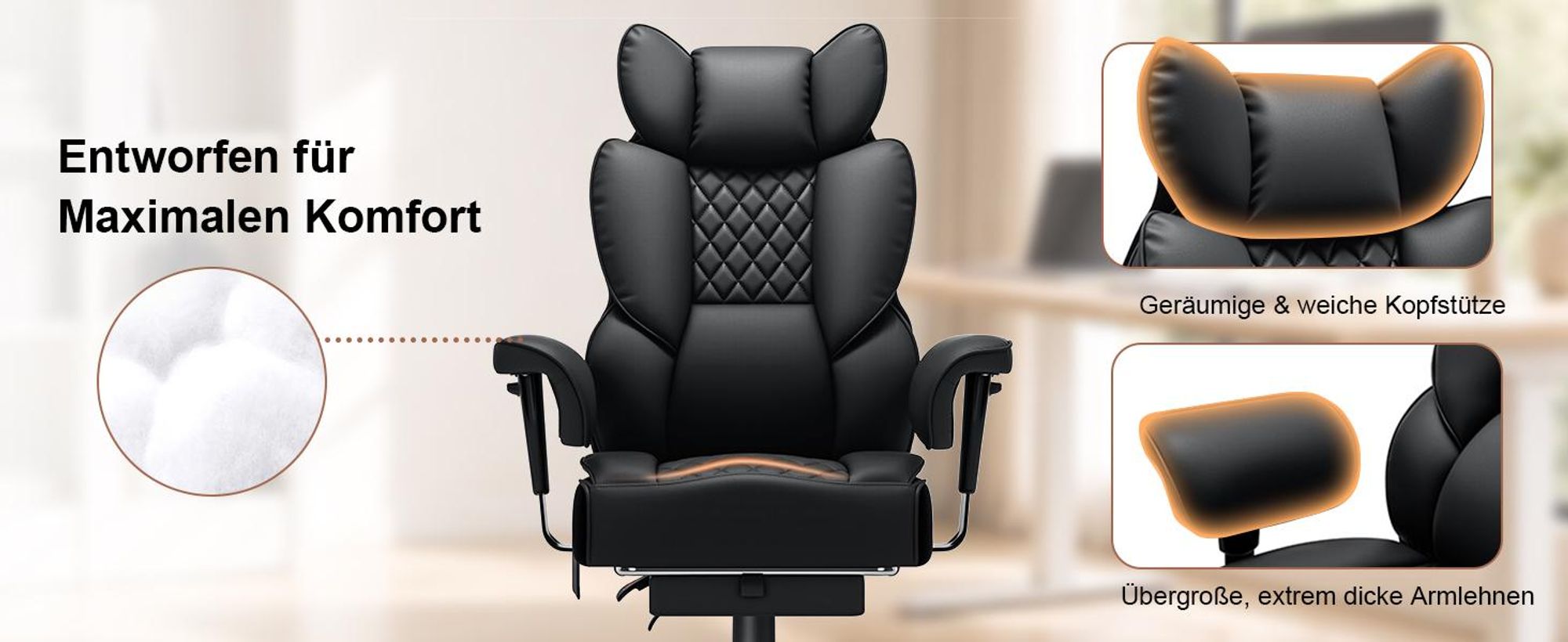 HOFFREE Bürostuhl Ergonomisch mit 7-Punkt-Vibrationsmassage & Lendenheizung, 155° neigbar, Heizfunktion, hoher Rücken, belastbar bis 200 kg, Schwarz
