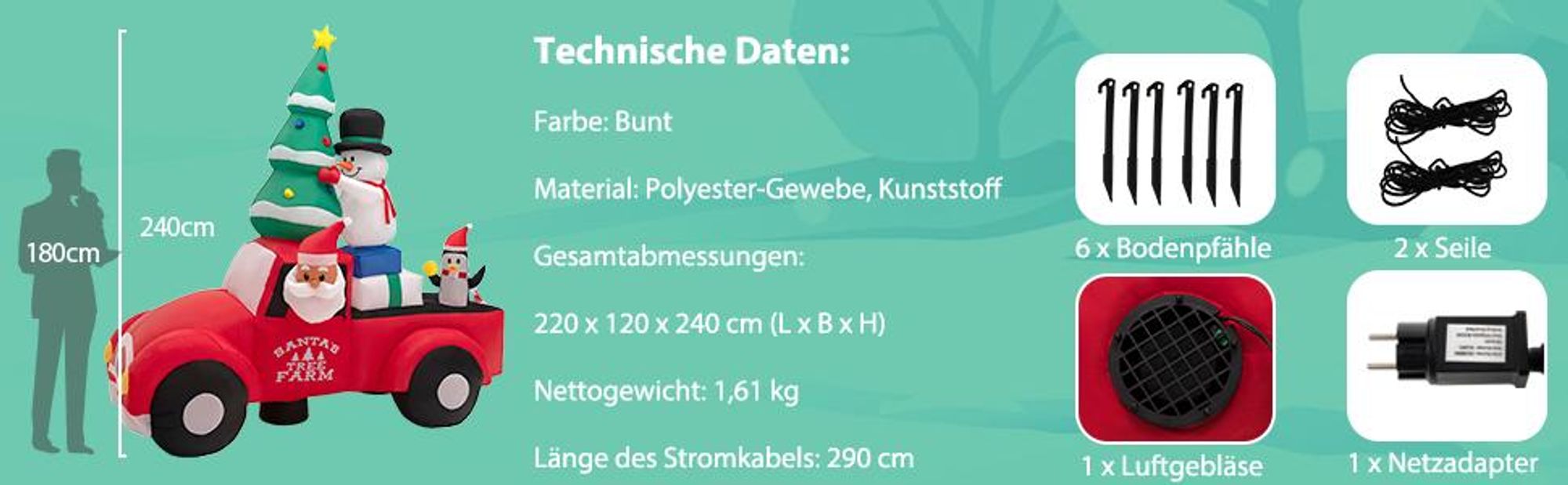 COSTWAY Aufblasbarer Weihnachtsmann fährt Auto, LED Weihnachtsdekoration mit Schneemann, Weihnachtsbaum, Geschenk & Pinguin, Selbstaufblasend