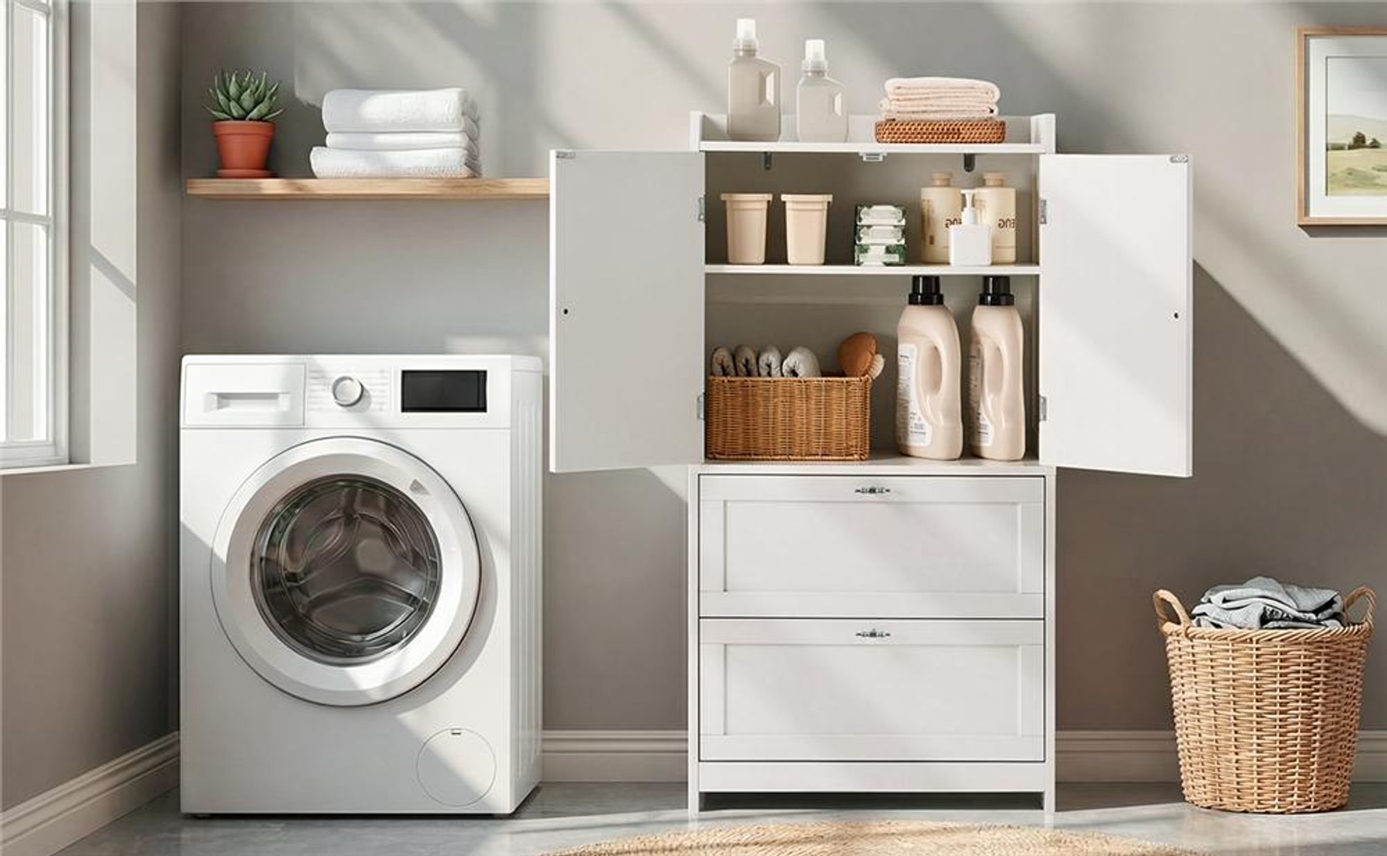 Yaheetech Badschrank Badezimmerschrank mit 2 Türen & 2 Schubladen, erhöhte Kante, verstellbare Ablage, Küchenschrank 60 x 30 x 115 cm, Weiß