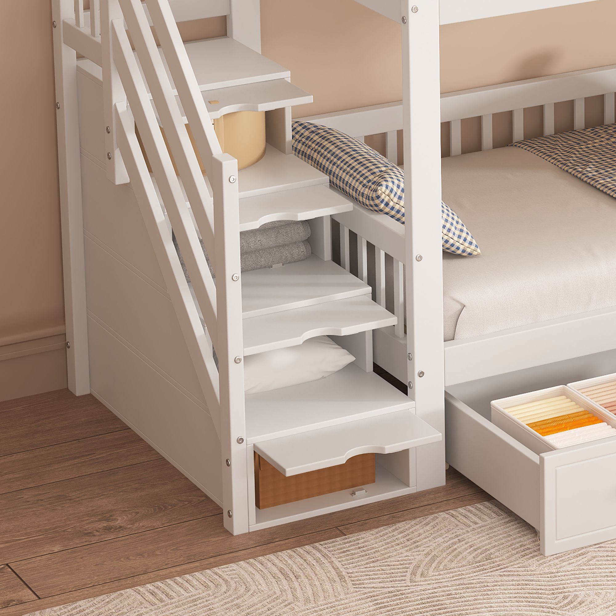 Flieks Etagenbett 90x200cm mit Schubladen, Kinderbett Hausbett mit Treppe, Stockbett Hochbett mit Rausfallschutz und Lattenrost, Einzelbett 2 Kinder