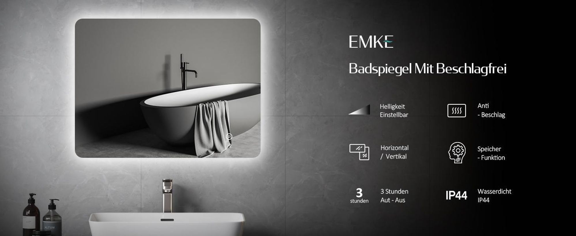 EMKE LED Badspiegel 80x60cm Badspiegel mit Beleuchtung Kaltweiß Lichtspiegel Badezimmerspiegel Wandspiegel mit Touchschalter + Beschlagfrei