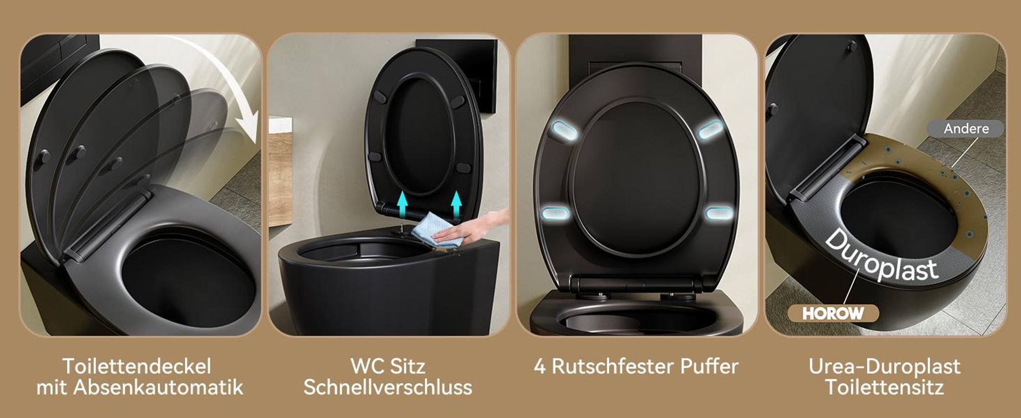 HOROW Randloos wandtoilet met softclose deksel, enkelgats Superspin spoelsysteem, keramiek, zwart, stille spoeling, 52 x 37 x 34,5 cm