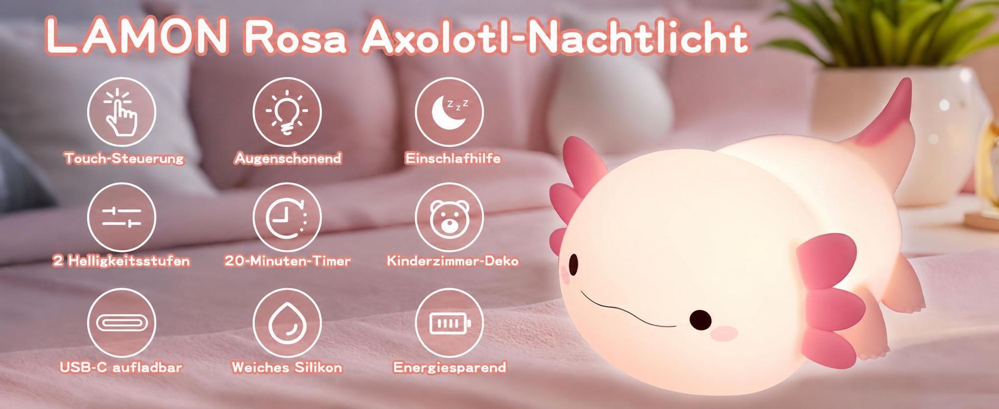 LED Axolotl Nachtlicht,Verstellbares Silikon -Nachtlicht,USB -Ladebett -Nachttischlampen,Berührungssteuerung,Geschenk mit Timer,Babyzimmerdekor,Rosa