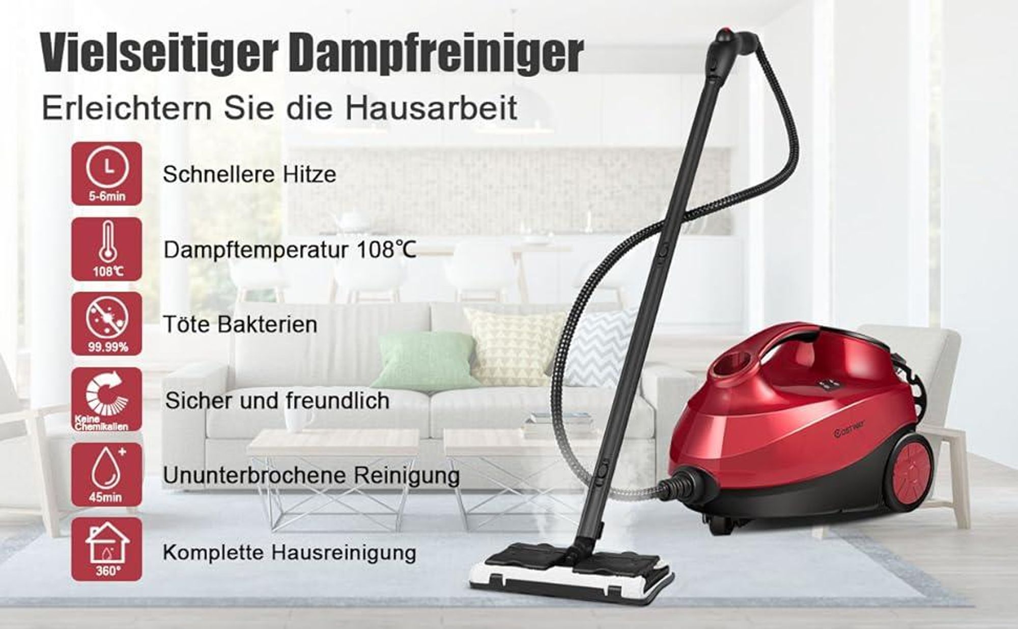COSTWAY Dampfreiniger 2000W, 4 Bar, 1,5L Tank, bis 108℃, Dampfzeit bis 45 Min. & LED Warnlicht, Bodendampfreiniger mit 18 Zubehörteilen Rot