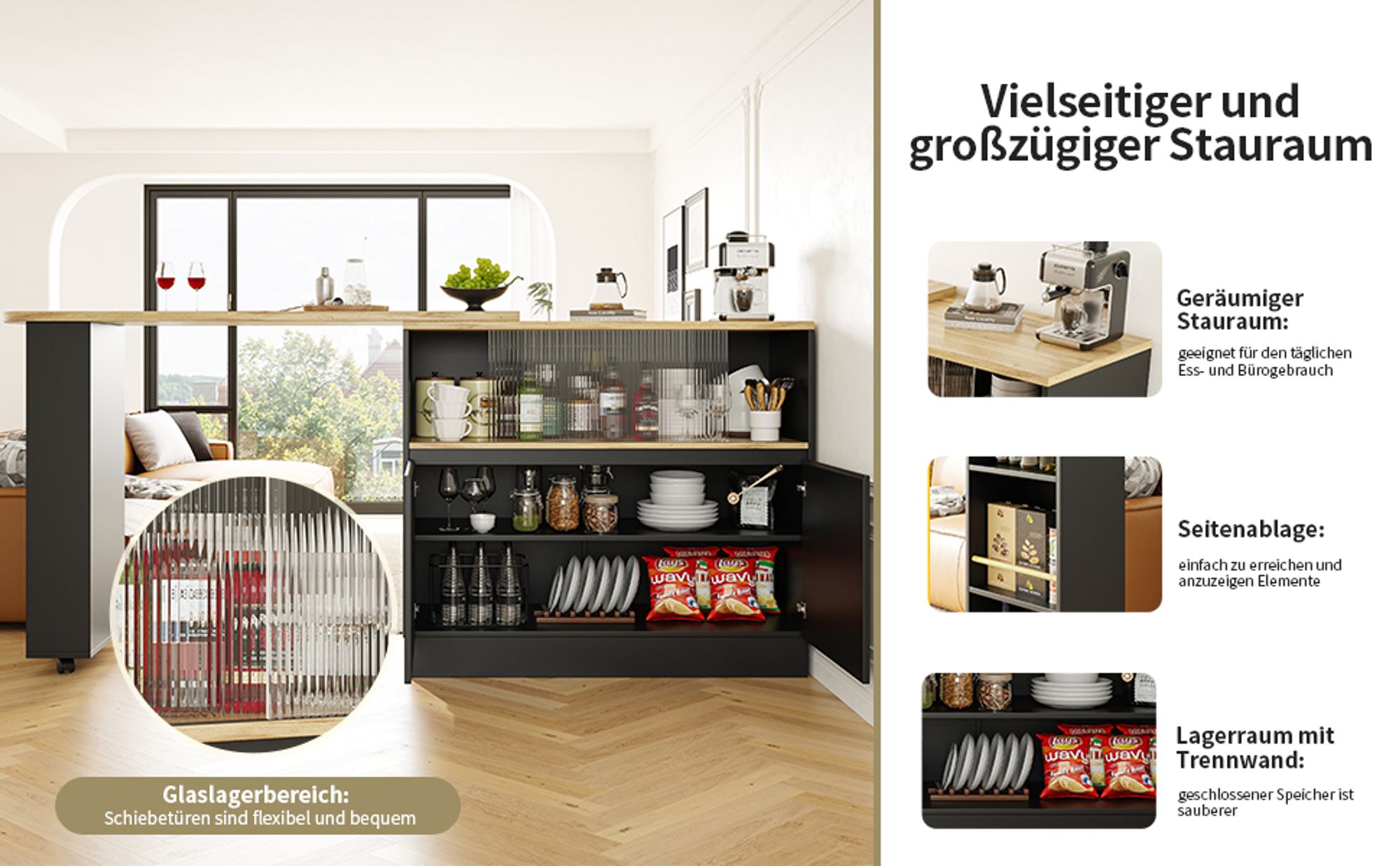 Flieks Esstisch Bartisch 360°drehbar, Küchentisch Esszimmertisch ausziehbar, Kaffeebar mit Schrank, Stehtisch Sideboard mit Glasschiebetür, Schwarz
