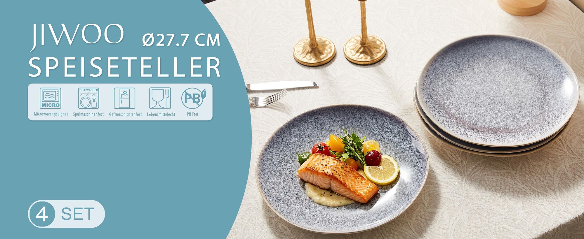Teller Set 4-teiliges Keramik Ø27,7cm – Essteller, Pasta- & Dessertteller für 4 Personen – Reactive Glaze Oberfläche, mikrowellen- & spülmaschinenfest