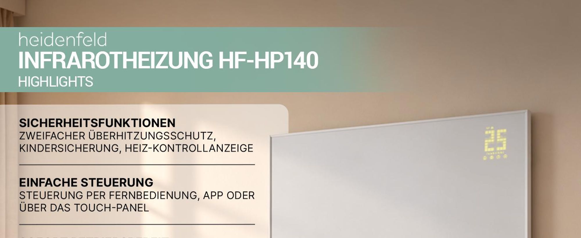Heidenfeld Infrarotheizung HF-HP140 | Bis 15 m² - Heizkörper - Heizpaneel - Infrarot - App Steuerung - Touch Bedienfeld - Kindersicherung (500 Watt)