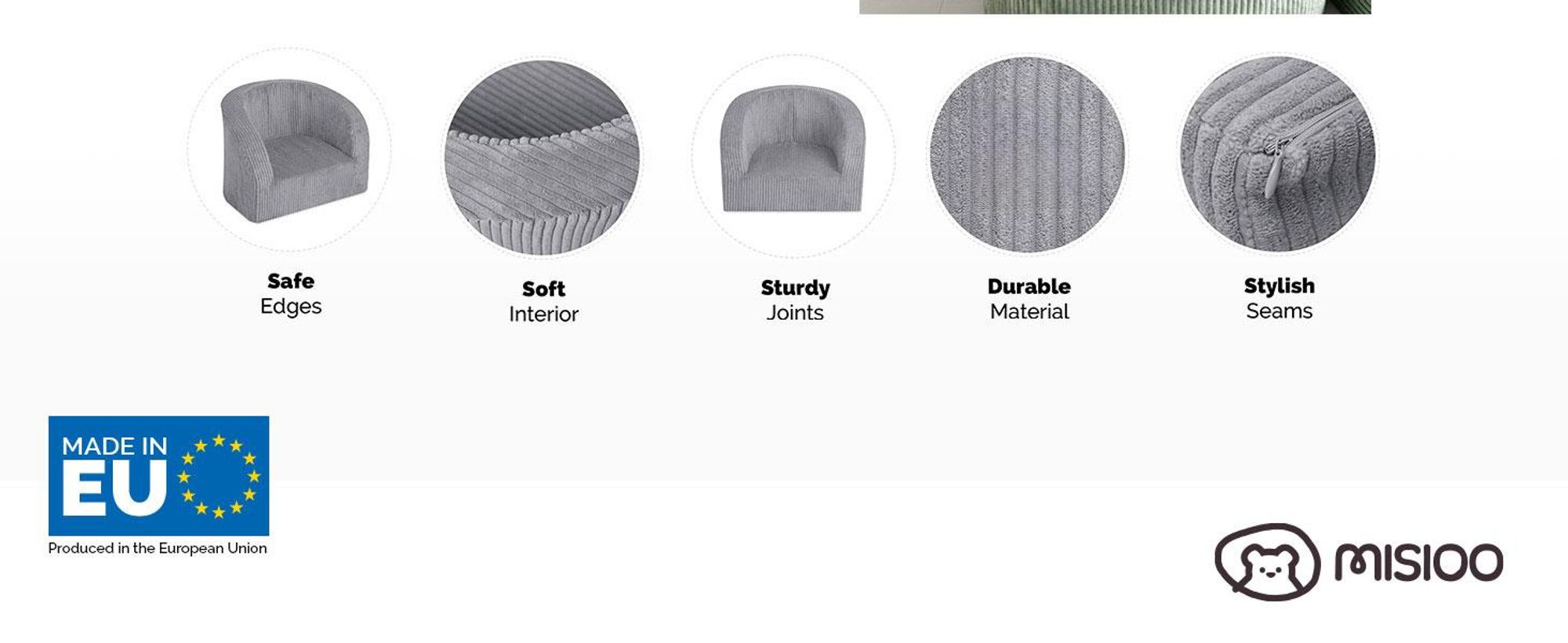 MISIOO Detské kreslo od 1 roka - Detské kreslo Corduroy Premium - stabilné a mäkké - ergonomicky polstrované - 40x53x36 cm