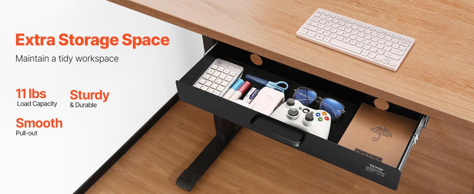 VEVOR Untertischschublade 635 x 232 x 75 mm, Untertischschublade, versteckter Schreibtischspeicher für Sitz-Steh-Arbeitsplätze im Büro und zu Hause