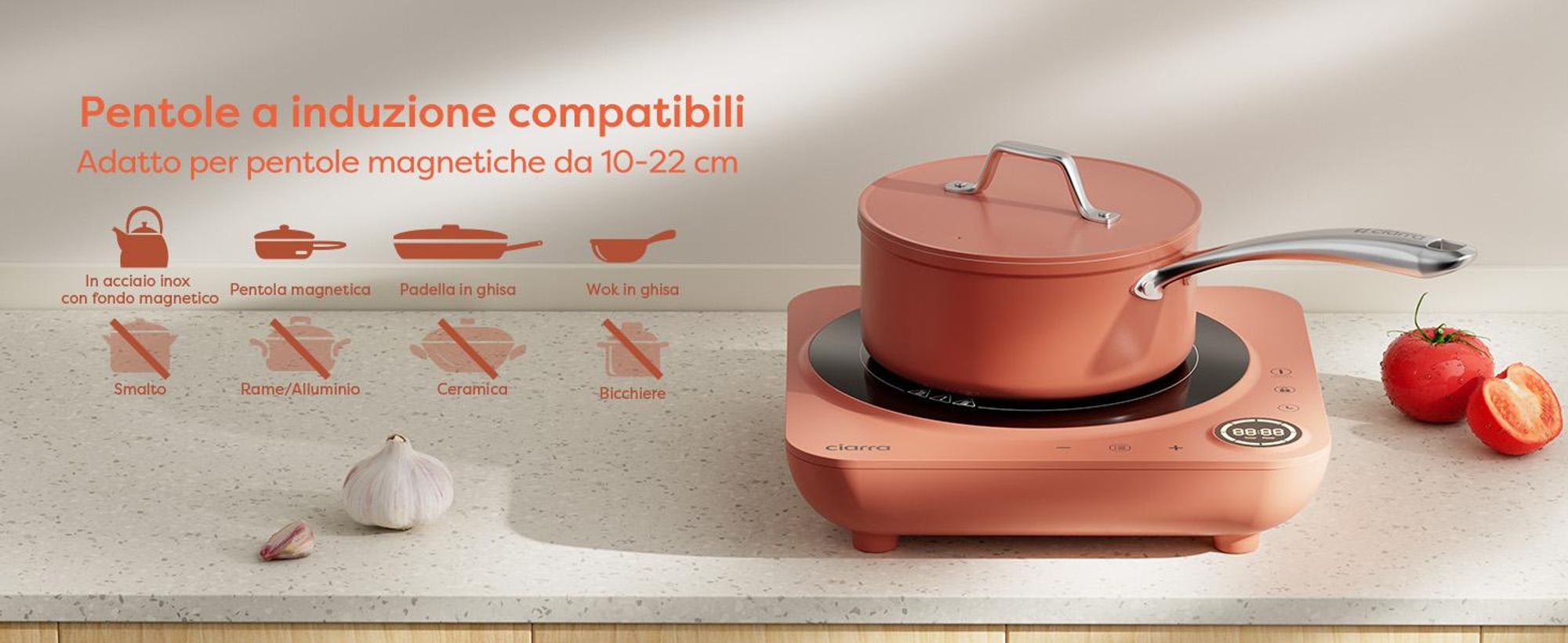 CIARRA piano cottura a induzione singolo Piano cottura a induzione 1 piastra 2000W piano cottura singolo Touch-Control VM1TIHA-O