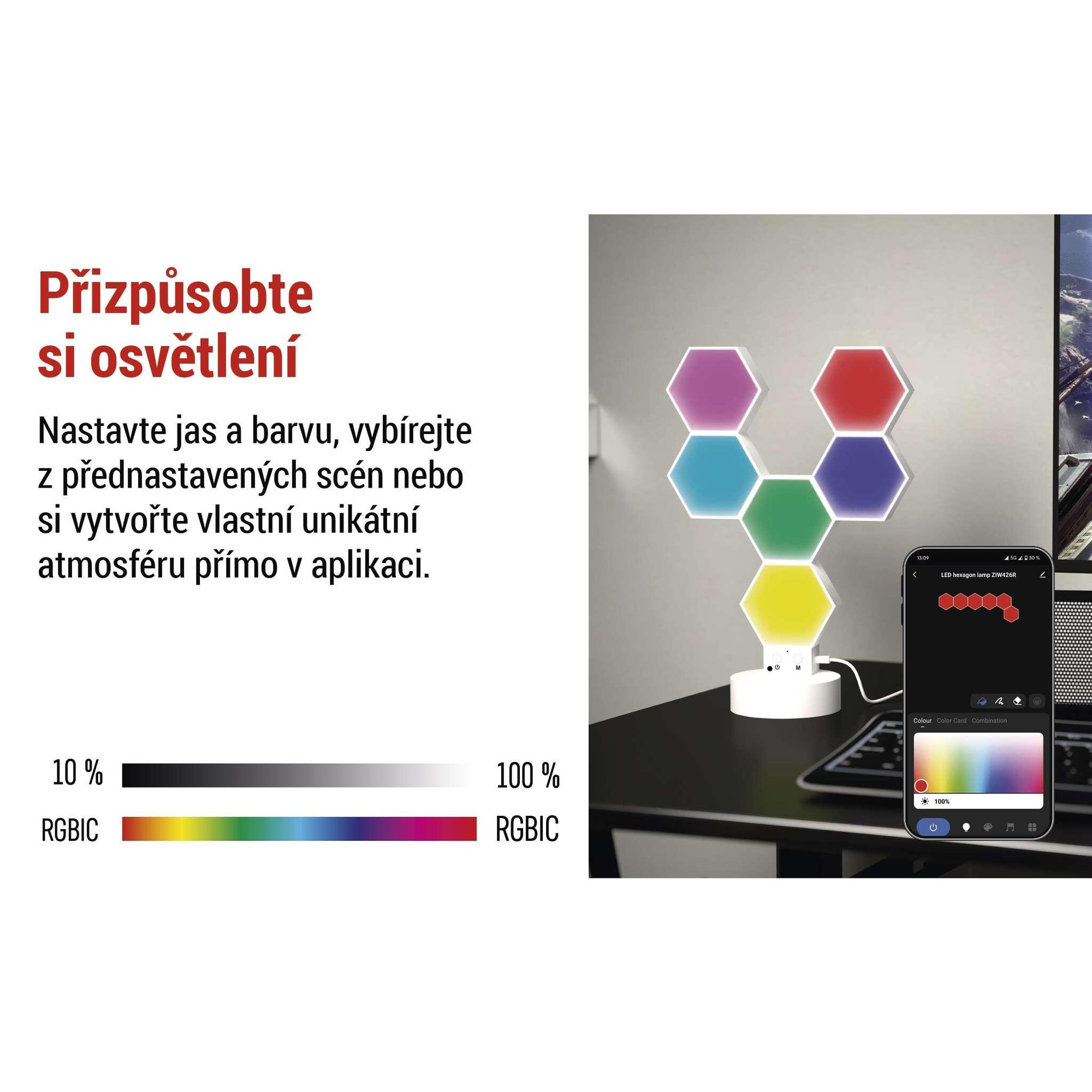 EMOS Smart Hexagon stolní a nástěnná lampa, 6 šestiúhelníkových prvků 2 v 1, WiFi+App, RGBIC, stmívatelná, hlasový asistent, USB kabel, bílá, ZIW426R