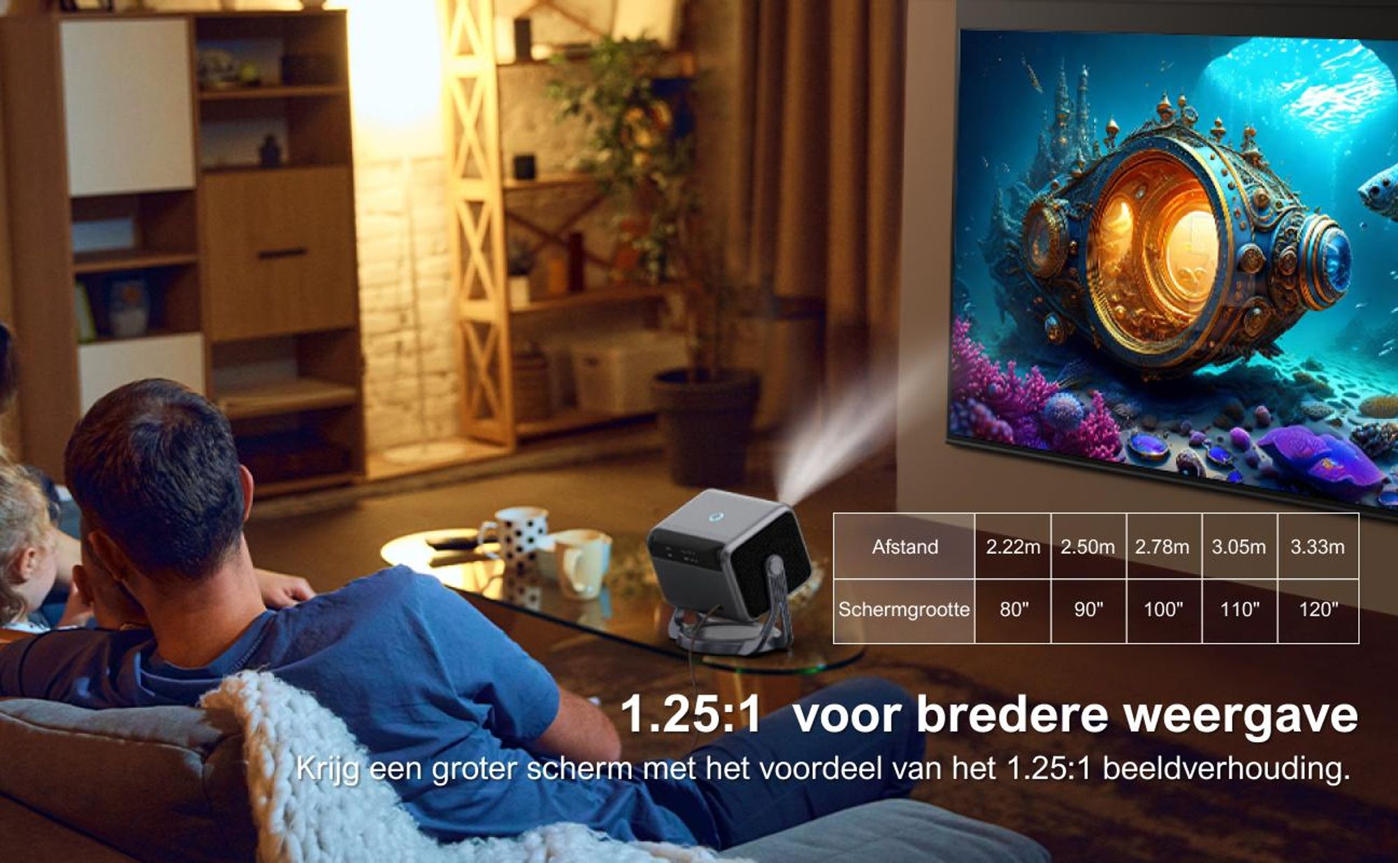 ULTIMEA Nova C40 beamer met 4K-decodering en Android TV 11.0. Beamer met een contrastratio van 1000:1, Dolby Audio, 600 ANSI lumen, HDR10 & HLG, en een 90° gimbal ontwerp zonder statief nodig