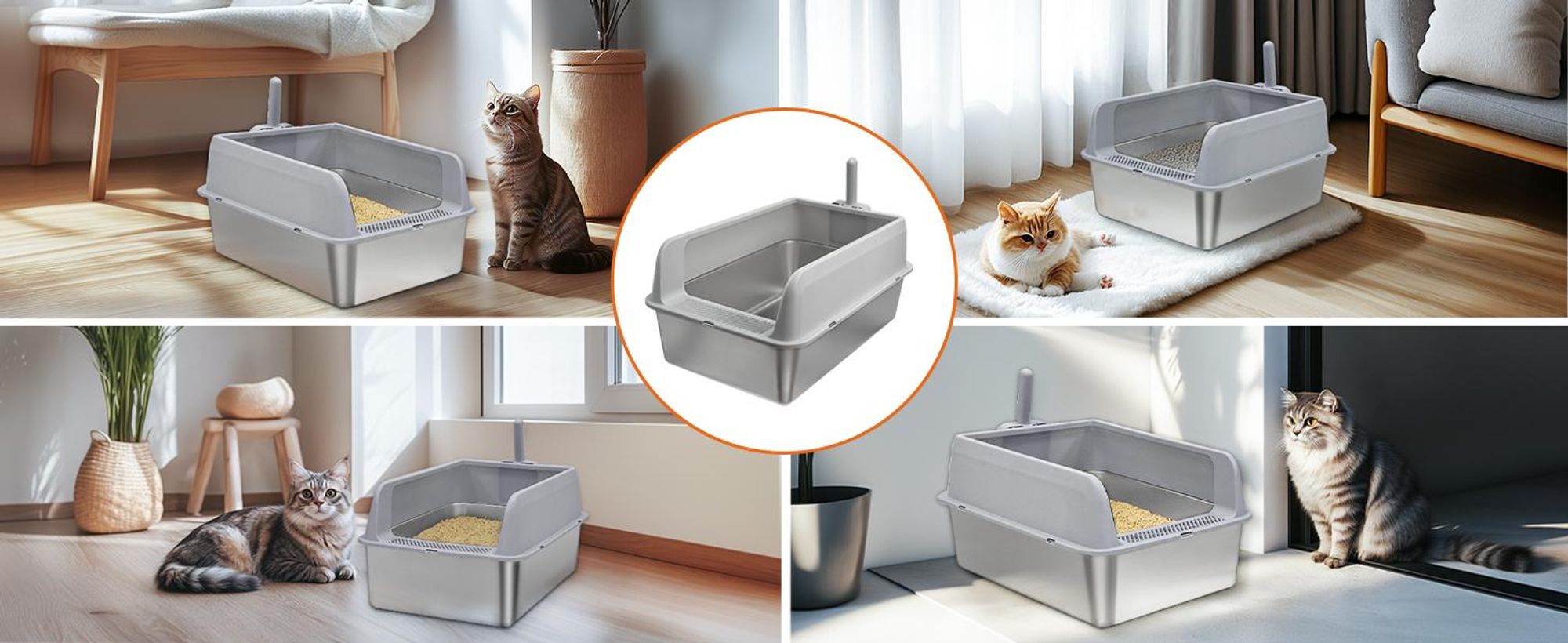 FATIVO XXL Edelstahl Katzenklo Offen: Katzentoilette Nicht-haftend mit Schaufel, Große Offene Katzen Toilette 33×52×29 cm