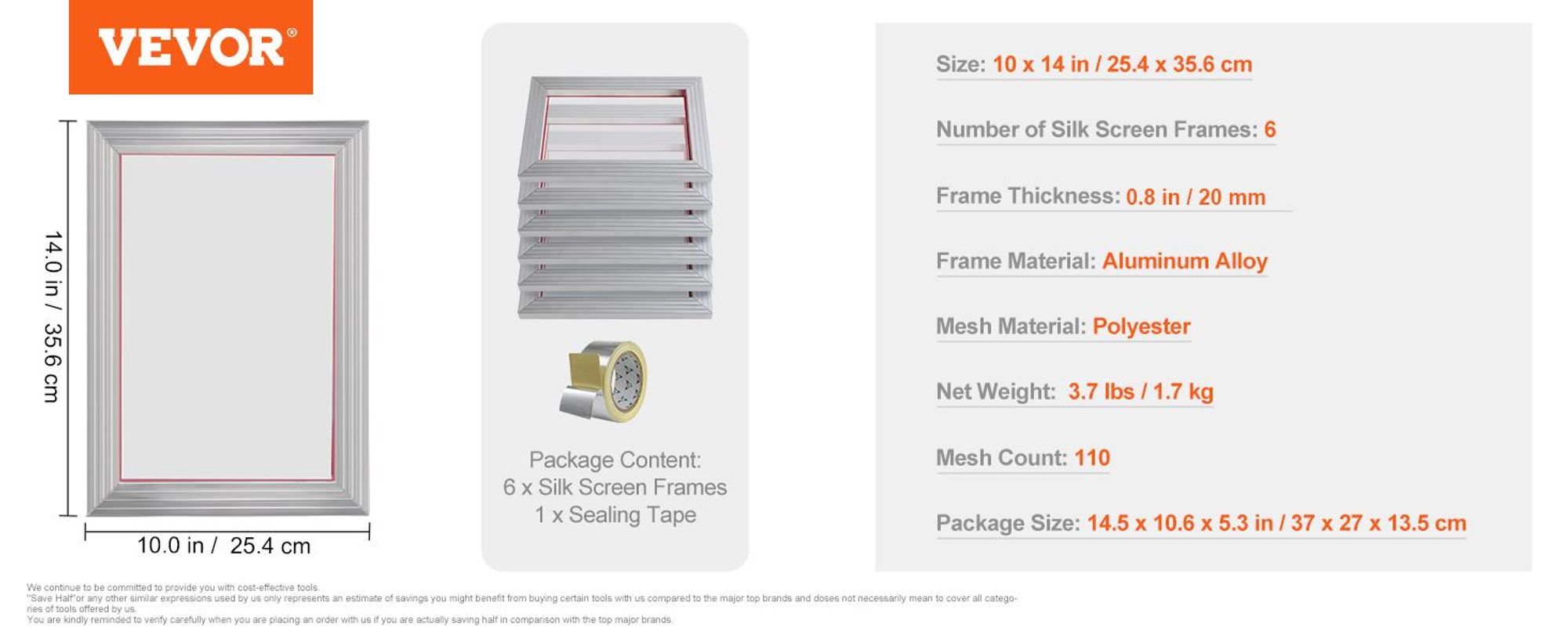 VEVOR 6 Stk. Aluminiumlegierung Siebrahmen Siebdruckpresse 25,4 x 35,6 cm, Siebdruckmaschine Zubehör 110 Mesh, Säureresistenz & nicht Verformbar für Kissenbezügen, Stoffen, Papier, Kopierpapier usw.